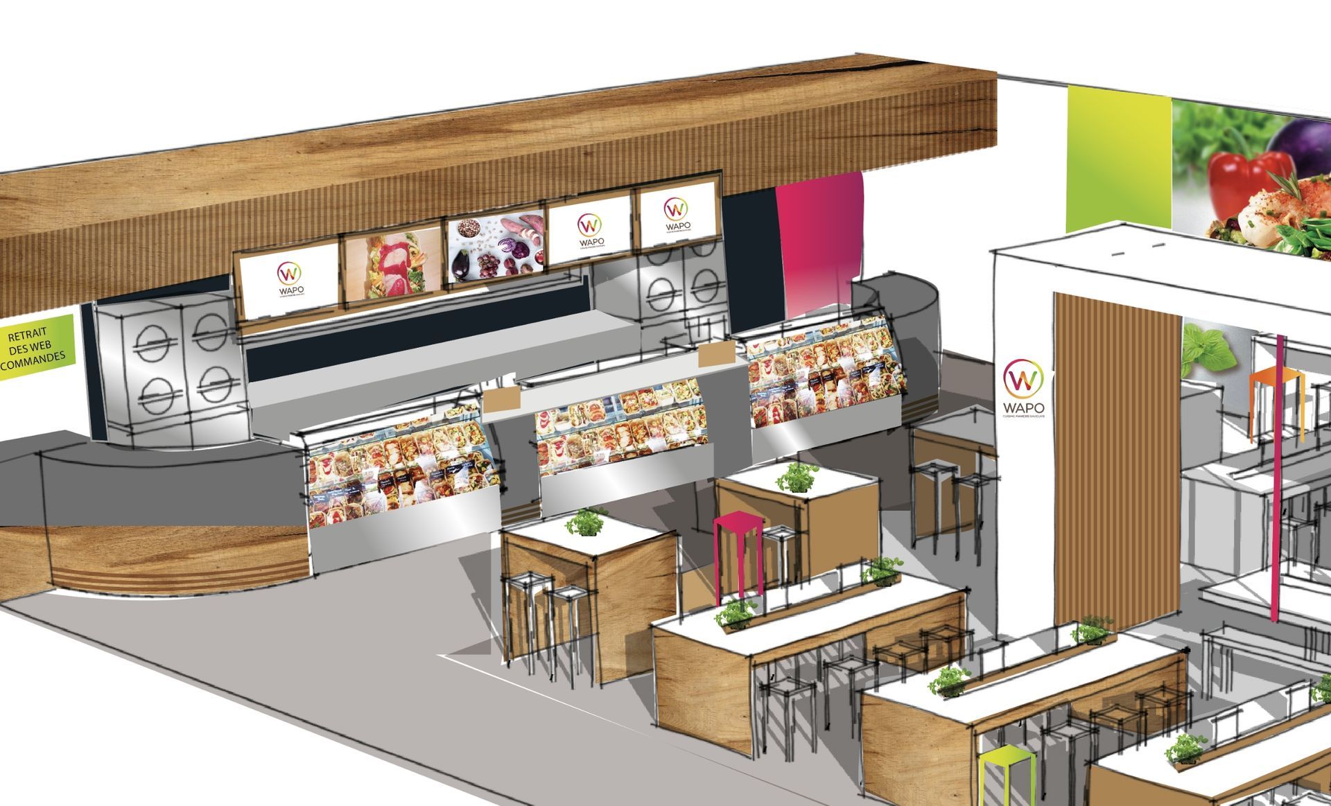 Juice bar interior rendering, counter with food displays, wooden tables and stools, colorful wall accents.