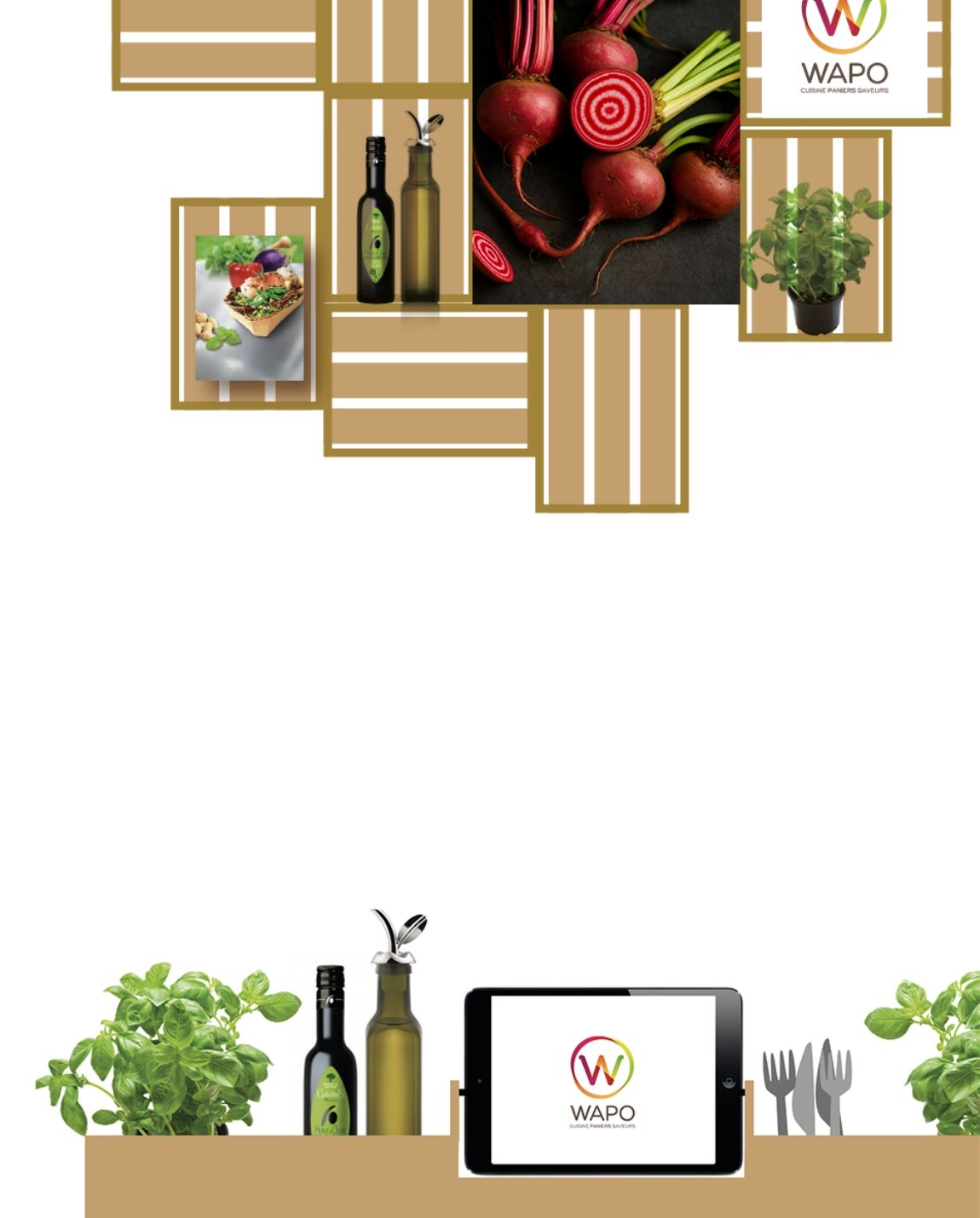 Arrangement of food items and cooking tools with a tablet displaying a logo, white background.