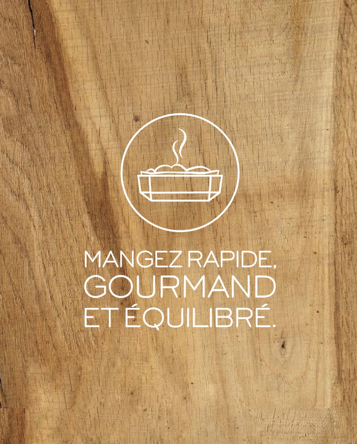 White graphic of a dish with steam inside a circle, text 