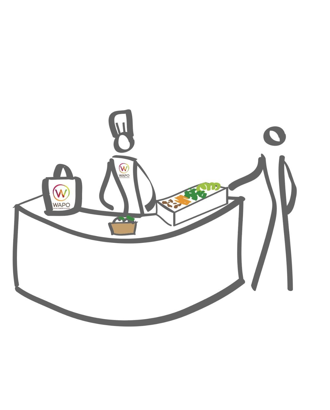 A stick figure customer at a counter is served by a person wearing a chef's hat.