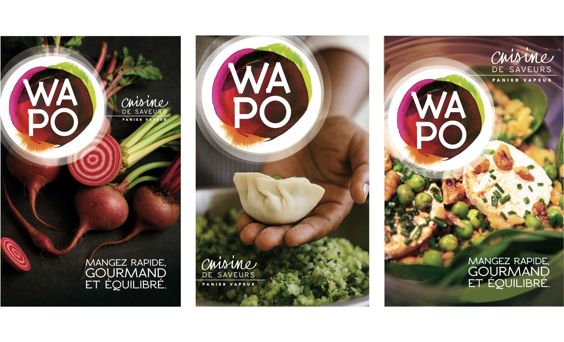 Three food photos with “WAPO” logo, featuring beets, dumpling, and salad.
