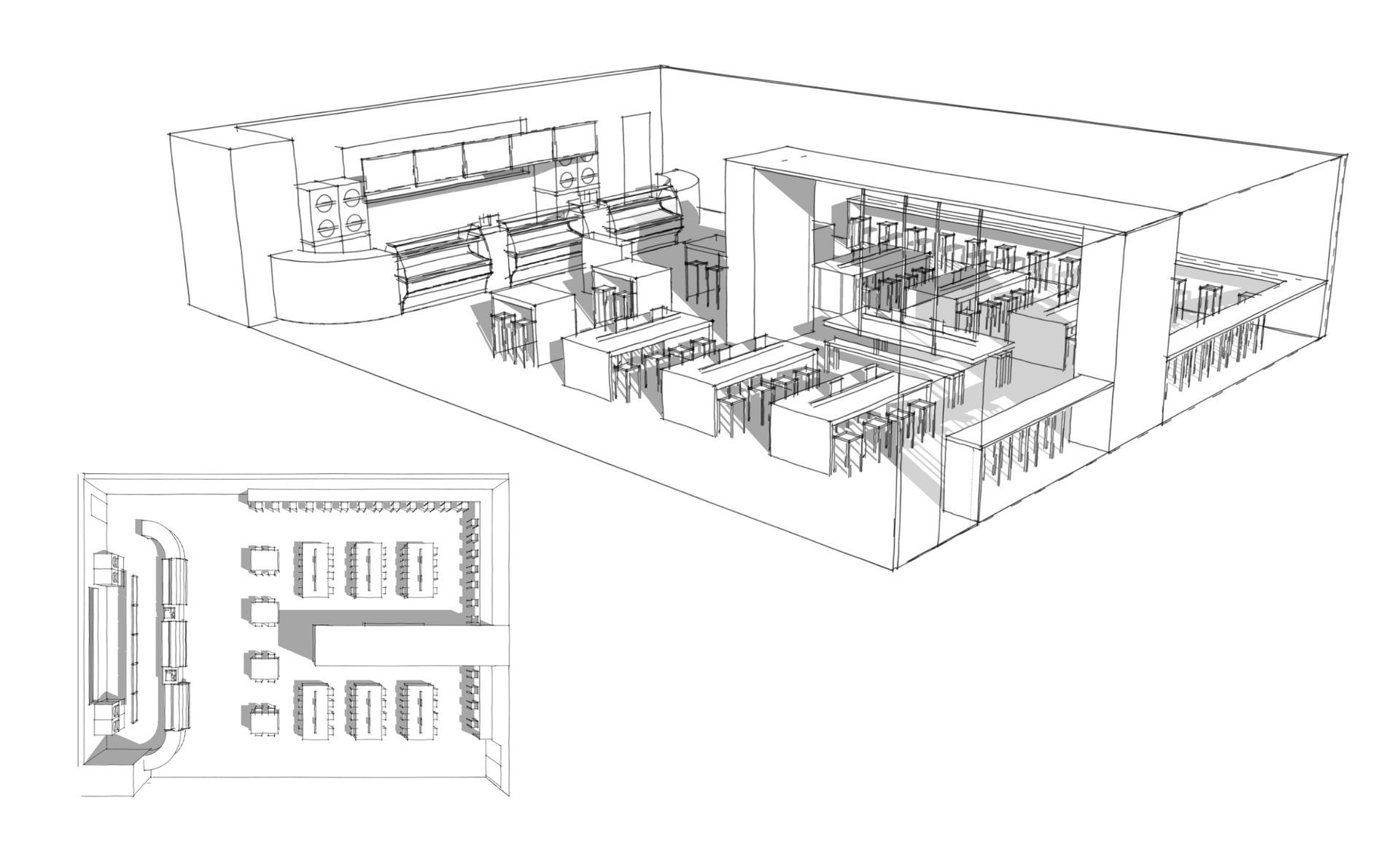 Wireframe architectural rendering of a building with interior details and a side view showing multiple rectangular openings.