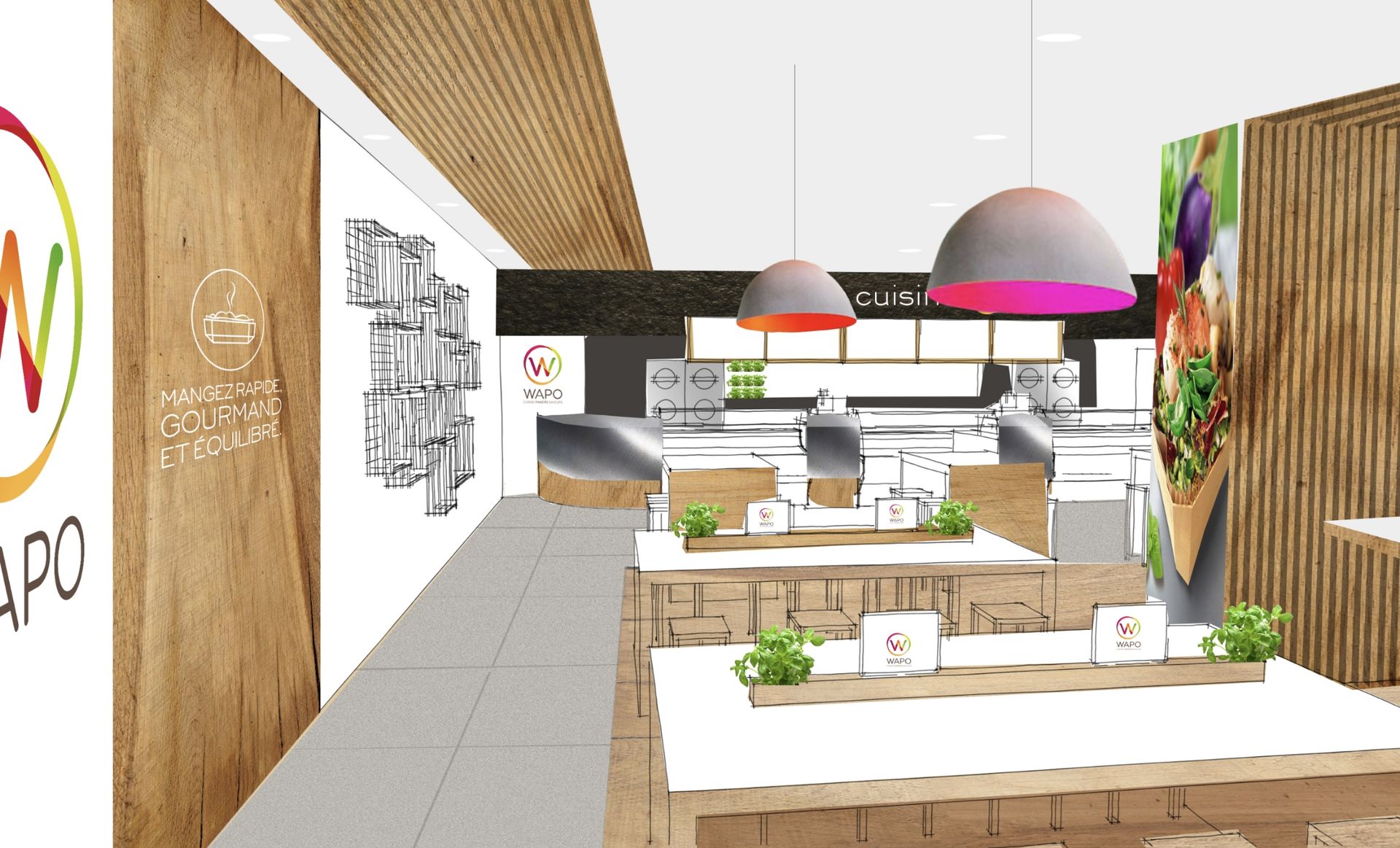 Interior view of a modern restaurant with wood accents, tables, and a service counter under hanging lights.