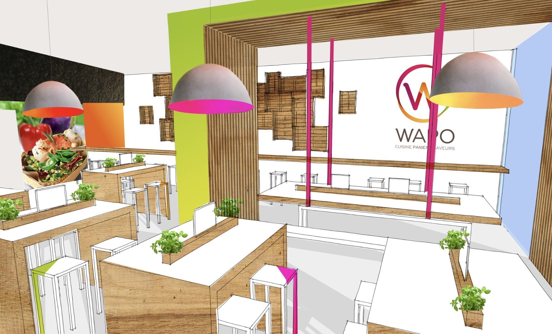 Restaurant interior with tables, pendant lights, and
