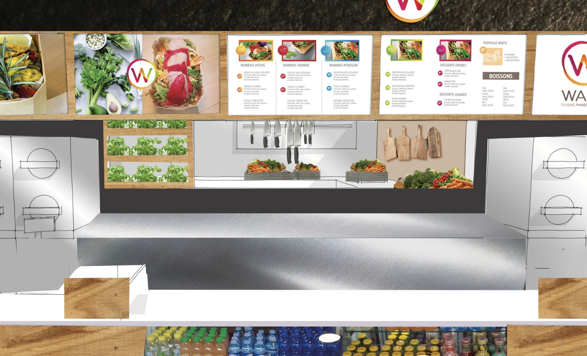Food stand interior with menu boards, fresh produce displays, and beverage fridge.