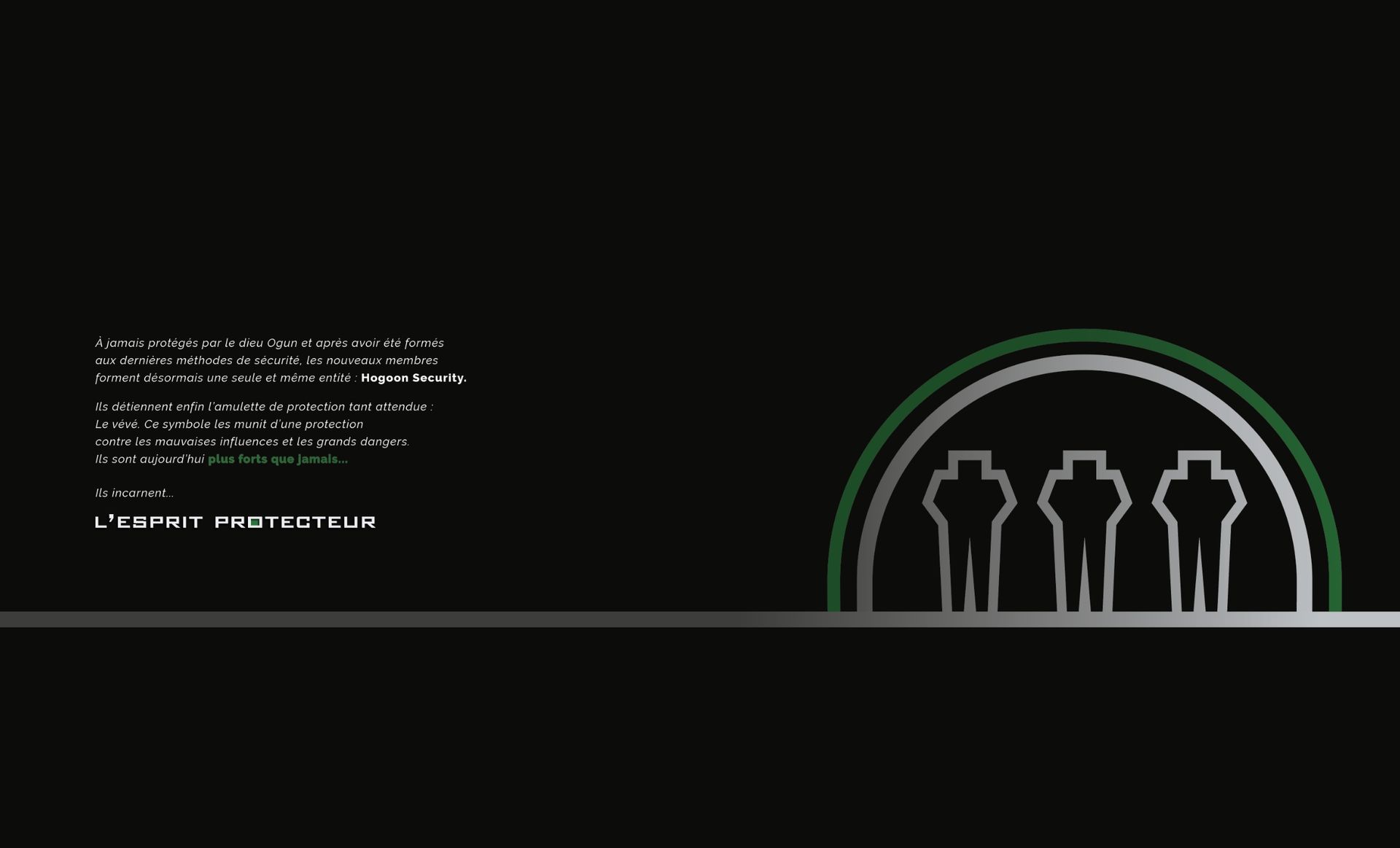Dark graphic with text and a logo of three figures under an arch.