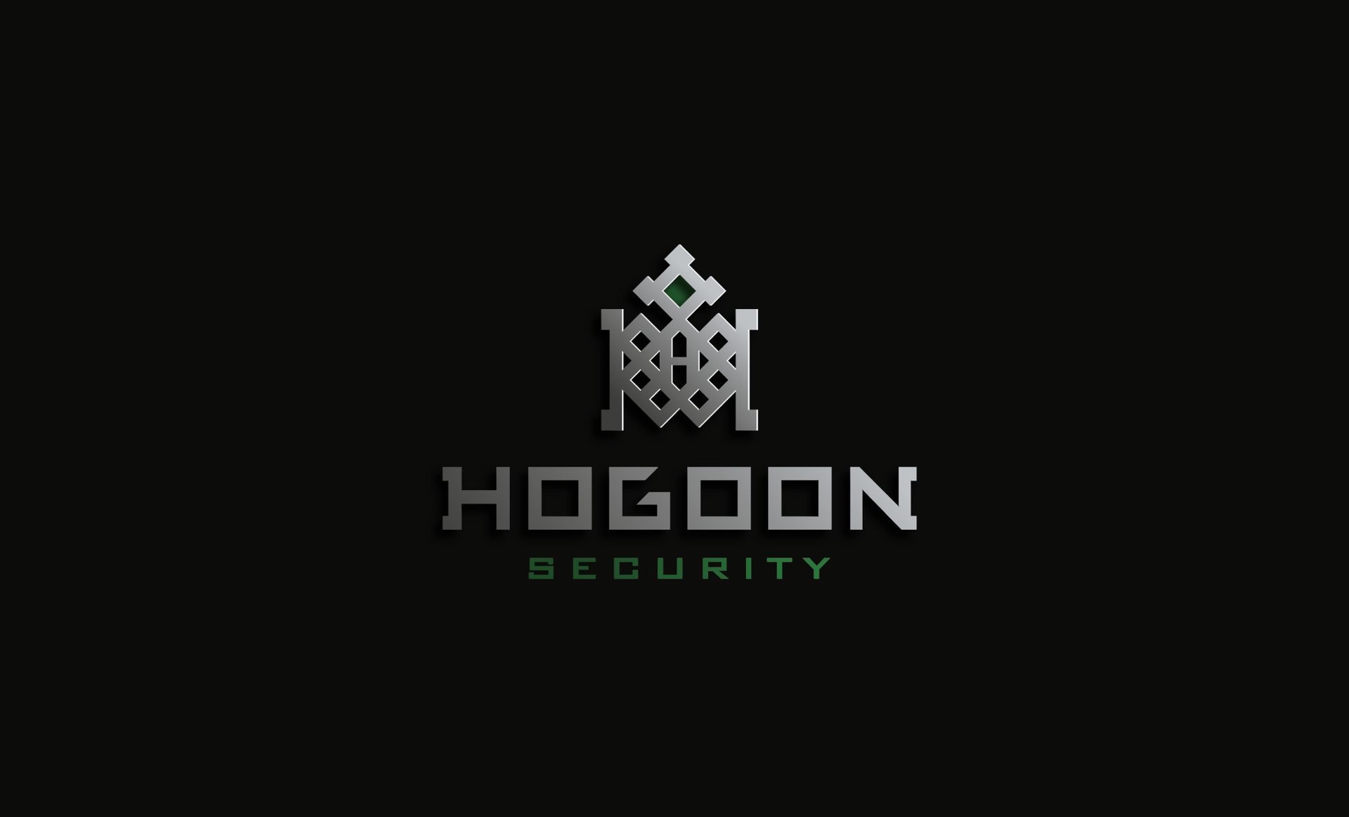 Silver logo on a black background: