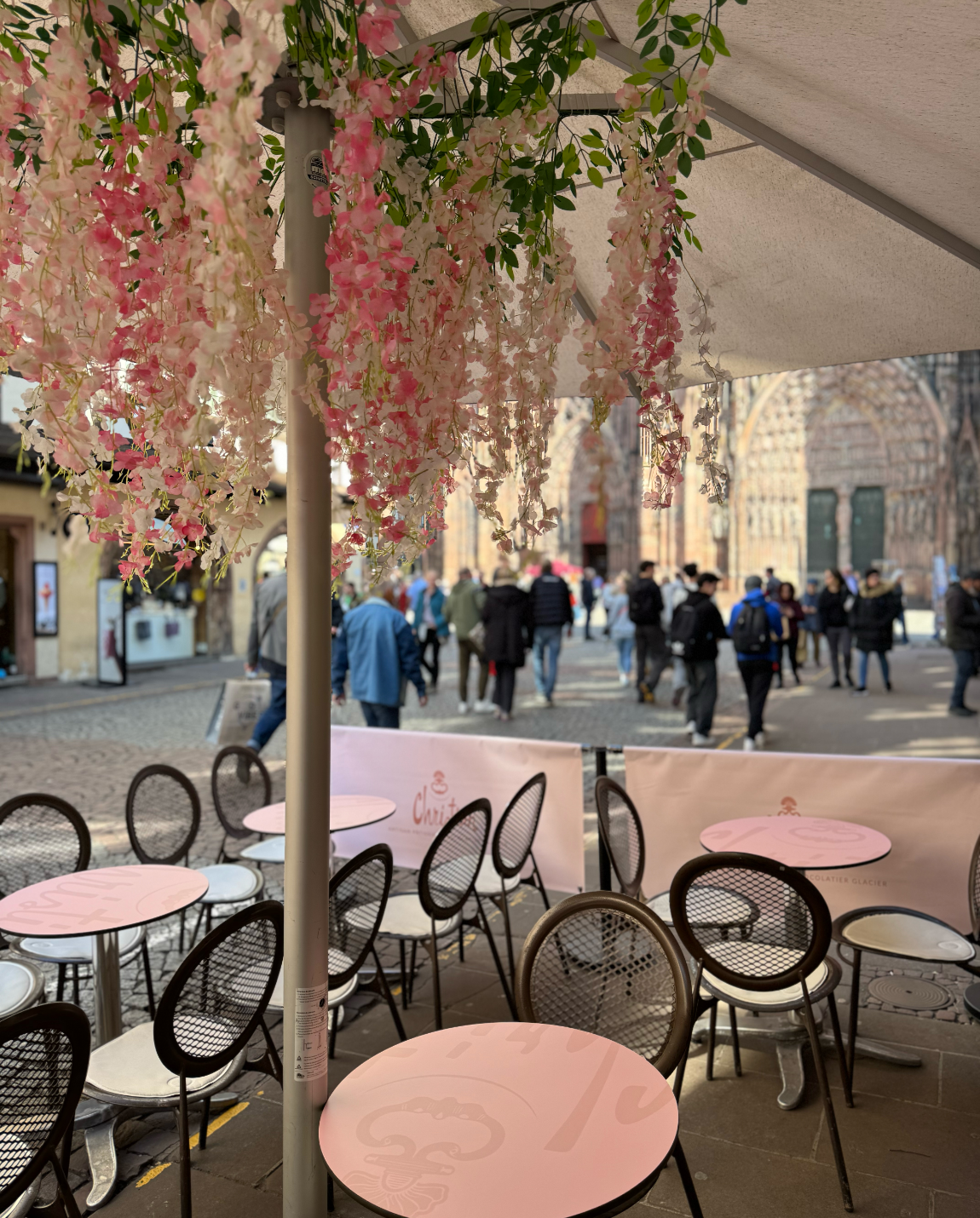 Café en plein air avec tables et chaises roses, sous une canopée de fleurs roses. Des passants se promènent en arrière-plan.