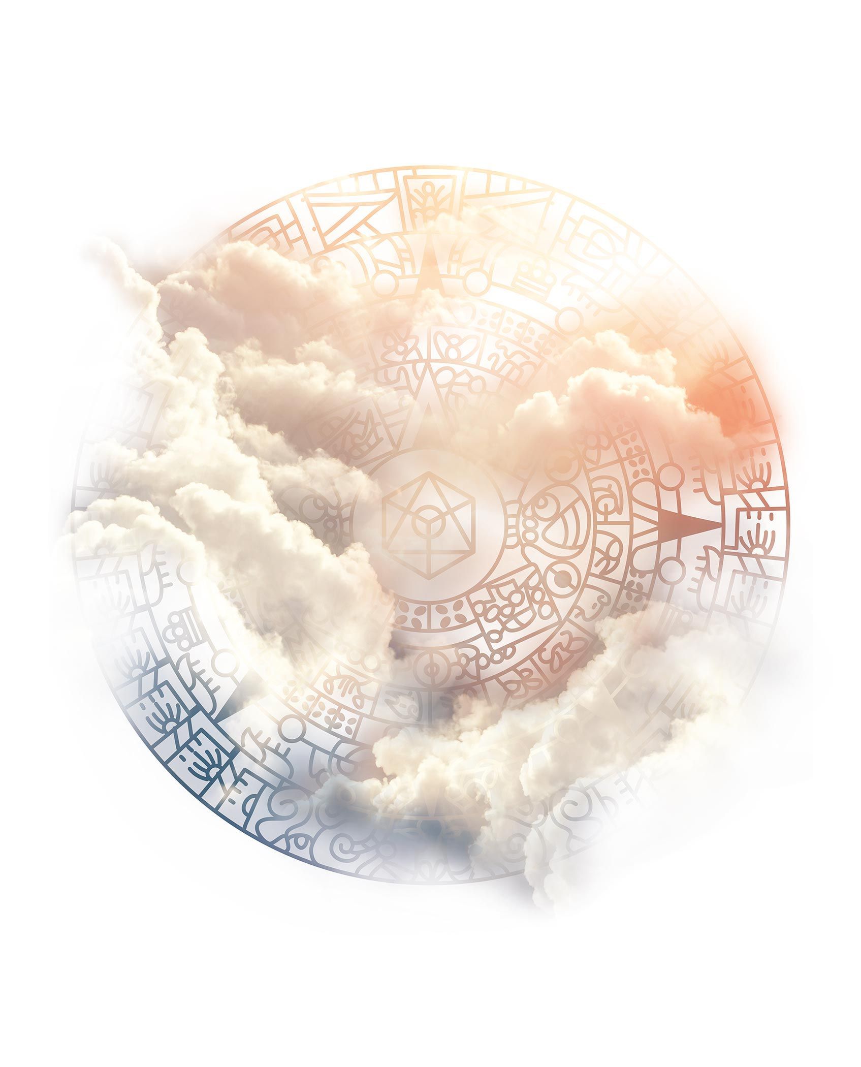 Circular design with clouds, geometric patterns, and a light source.