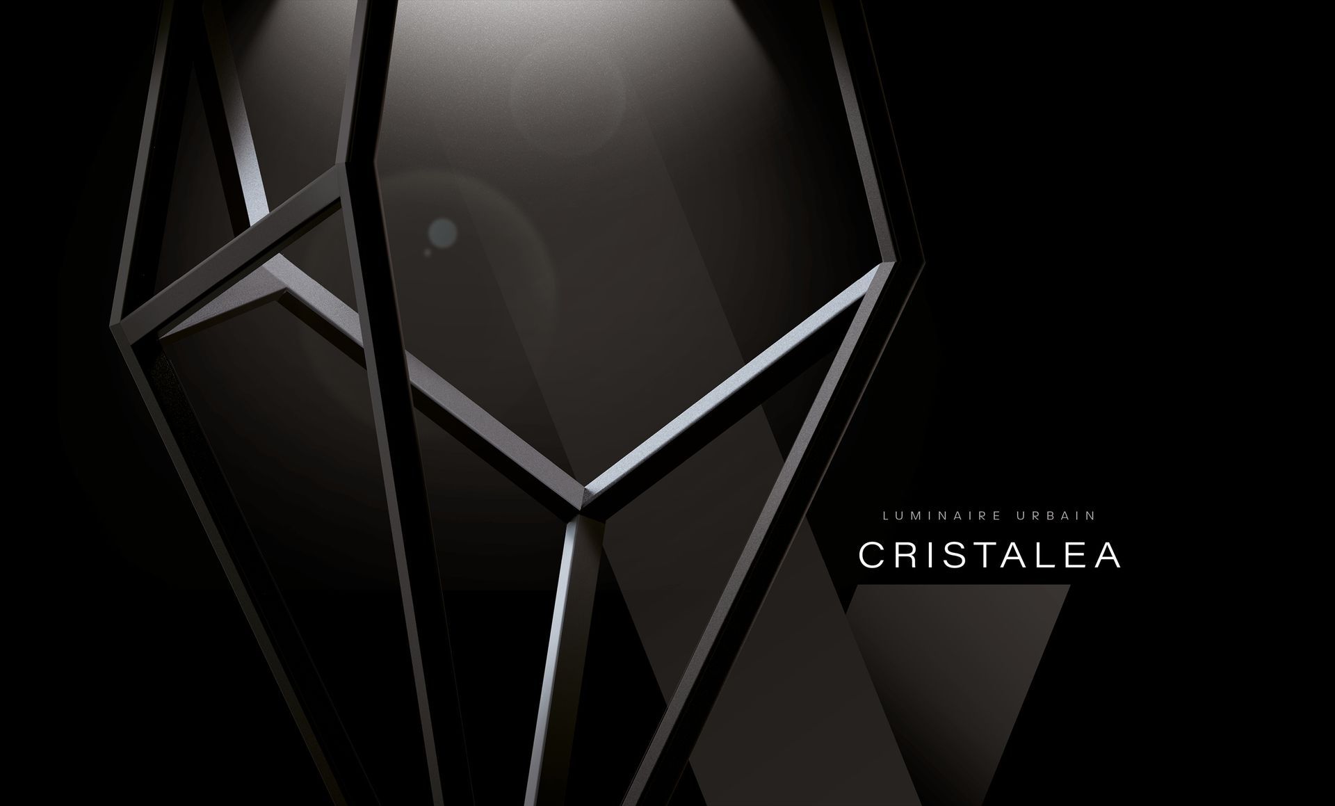 Geometric black structure with light, text: 