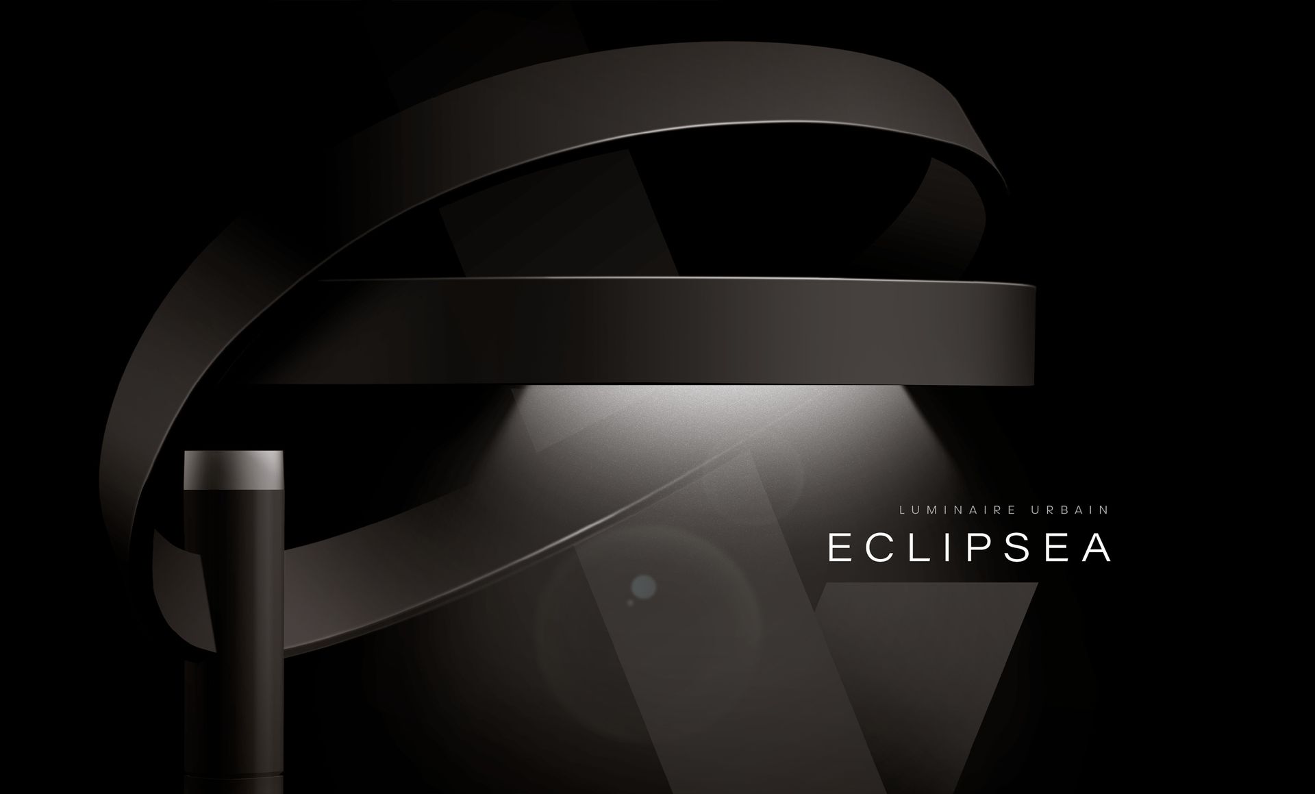 Black minimalist design with ribbon and platform, spotlights illuminate 'Colipsa' text.