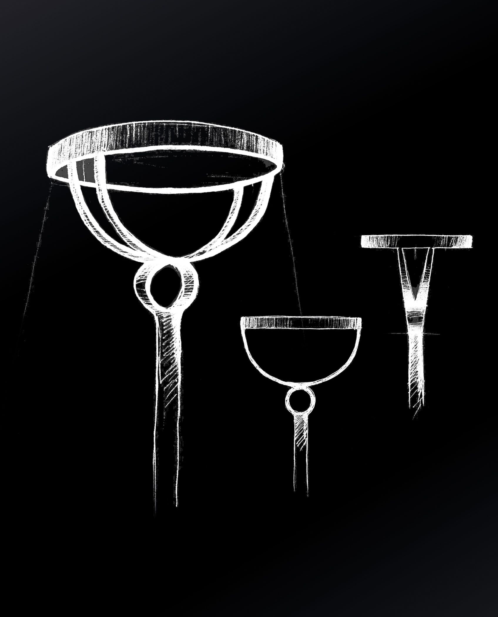 Three white-lined sketches of circular candelabras on a black background.