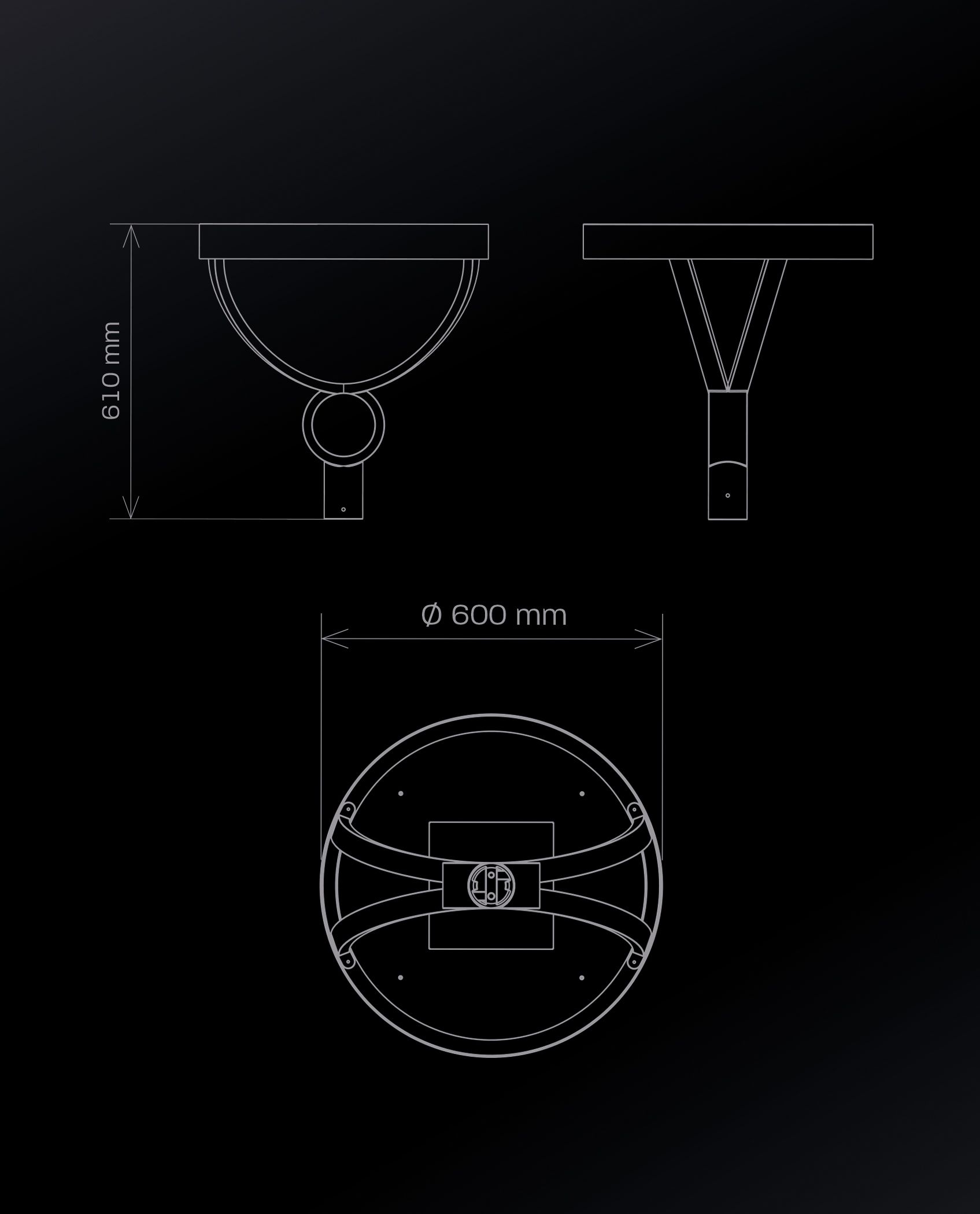 Technical drawing of a sphere-shaped object with dimensions in millimeters. Outlines show top, side, and bottom views.