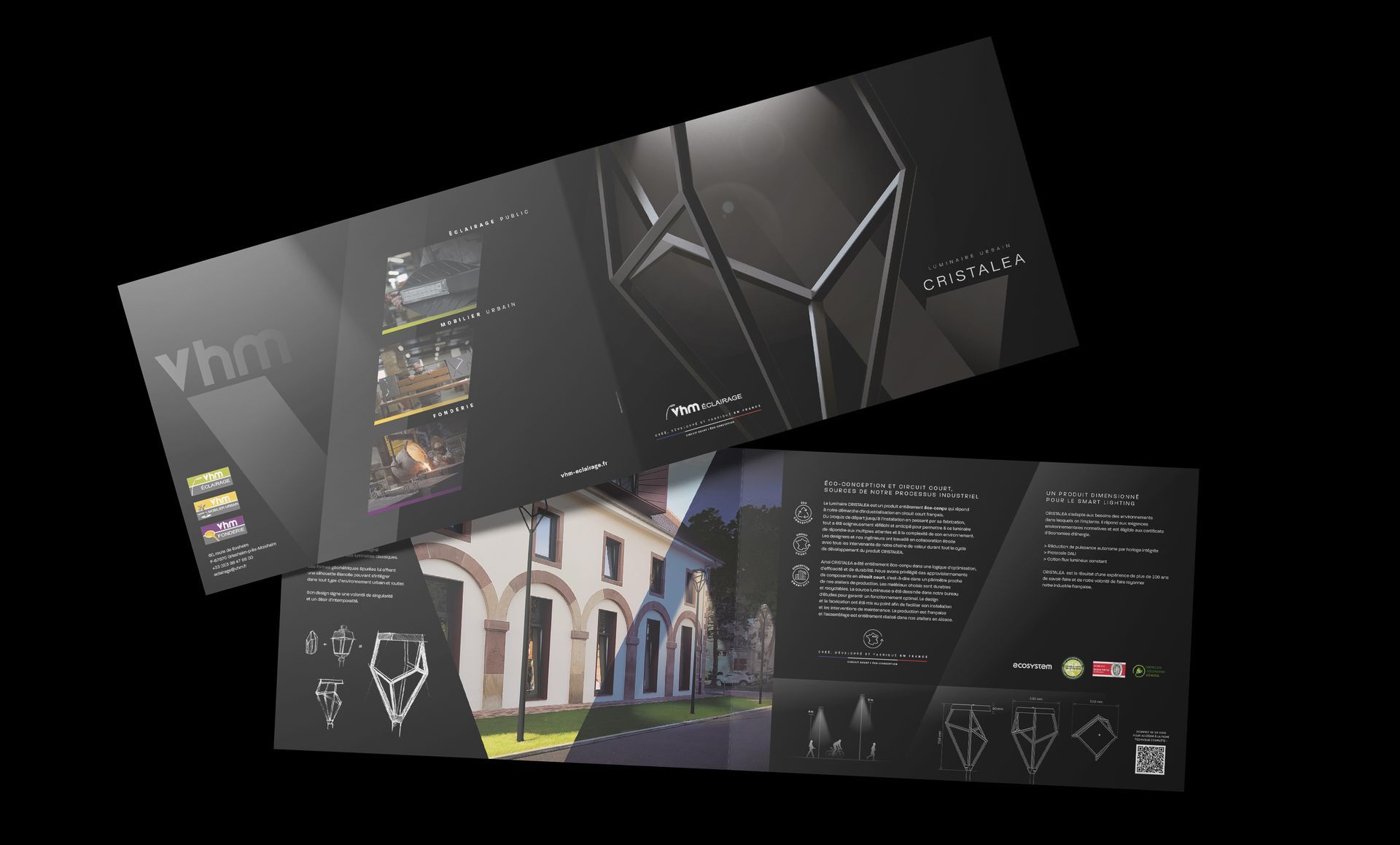 Brochure with architectural photo and geometric design on a black background.