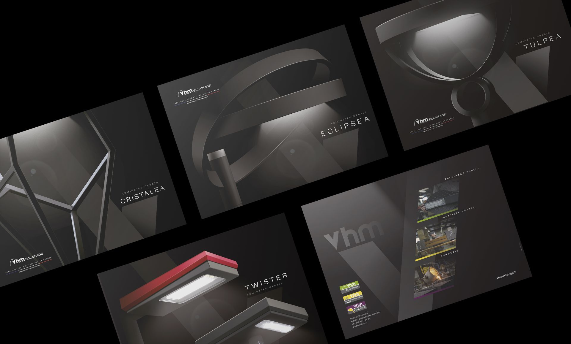 Five angled dark images featuring architectural and product designs. 