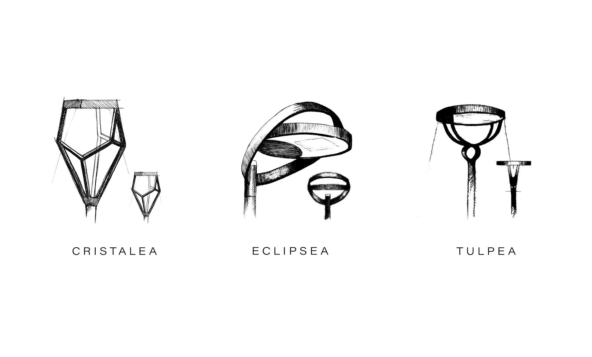 Three sketches of different lamp designs: Chandelier, Lantern, and Lamps.