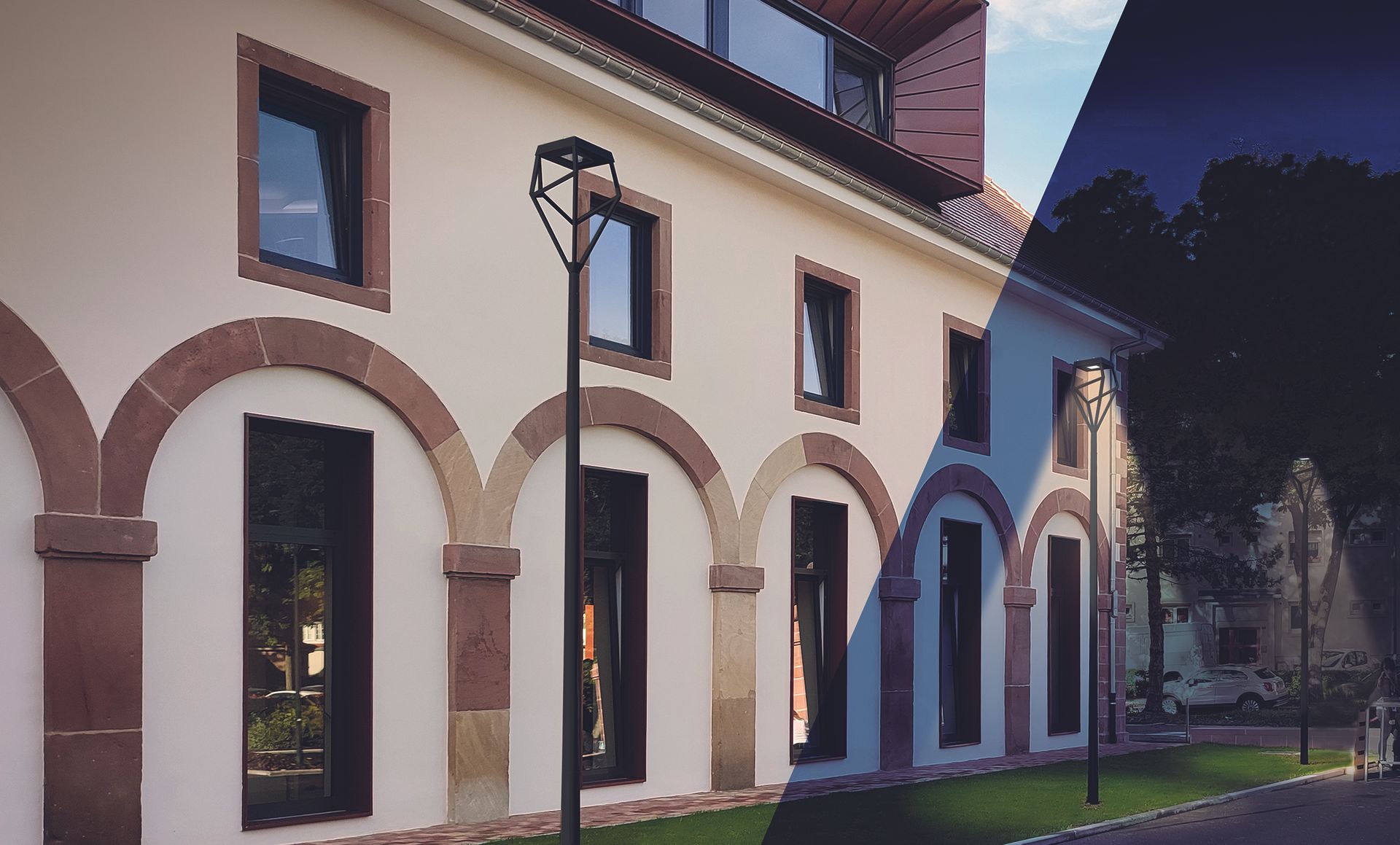 Exterior of a building with arched windows, transitioning from daylight to nighttime.