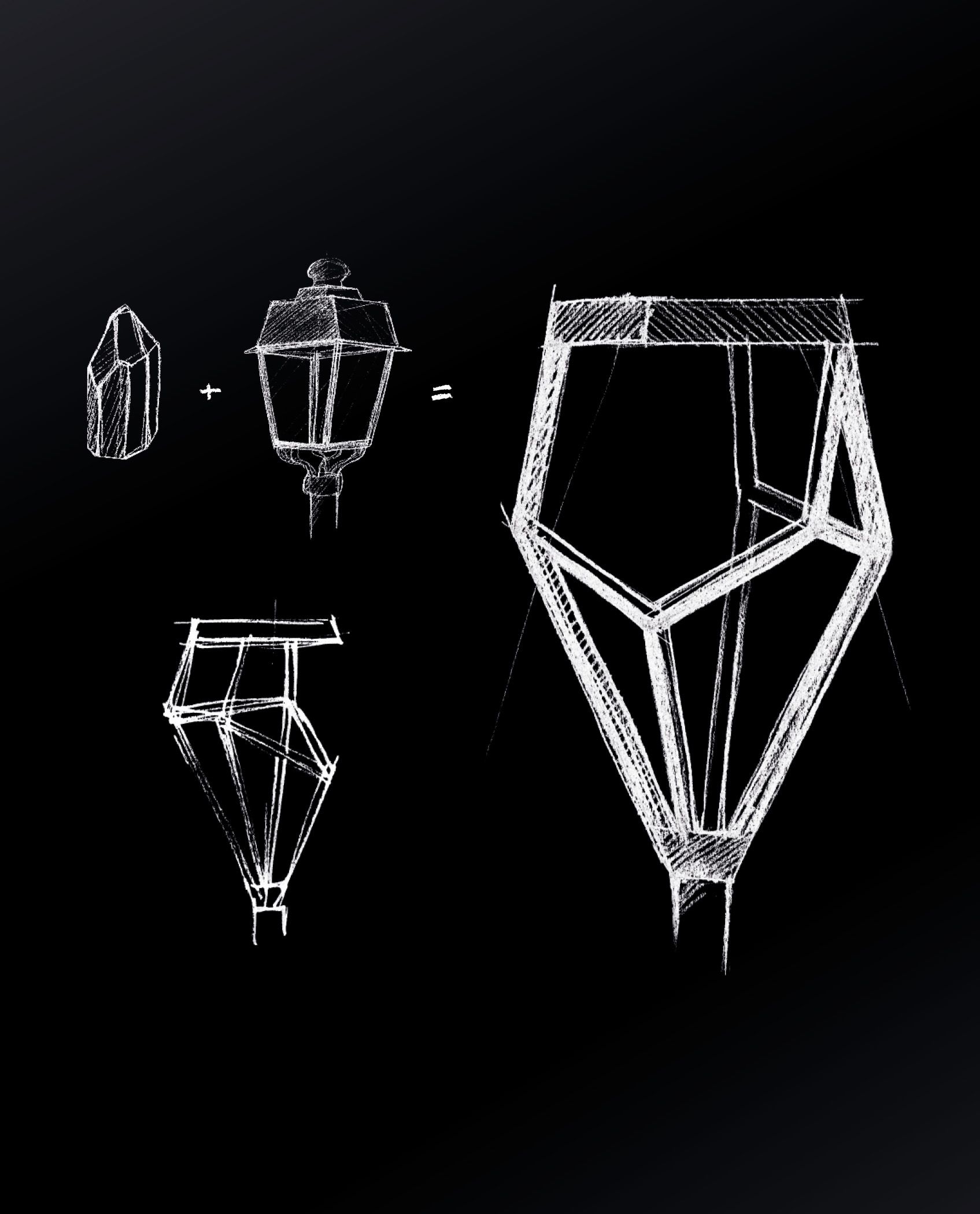 Architectural sketches: a lantern design, showing its components and final form. White lines on black background.
