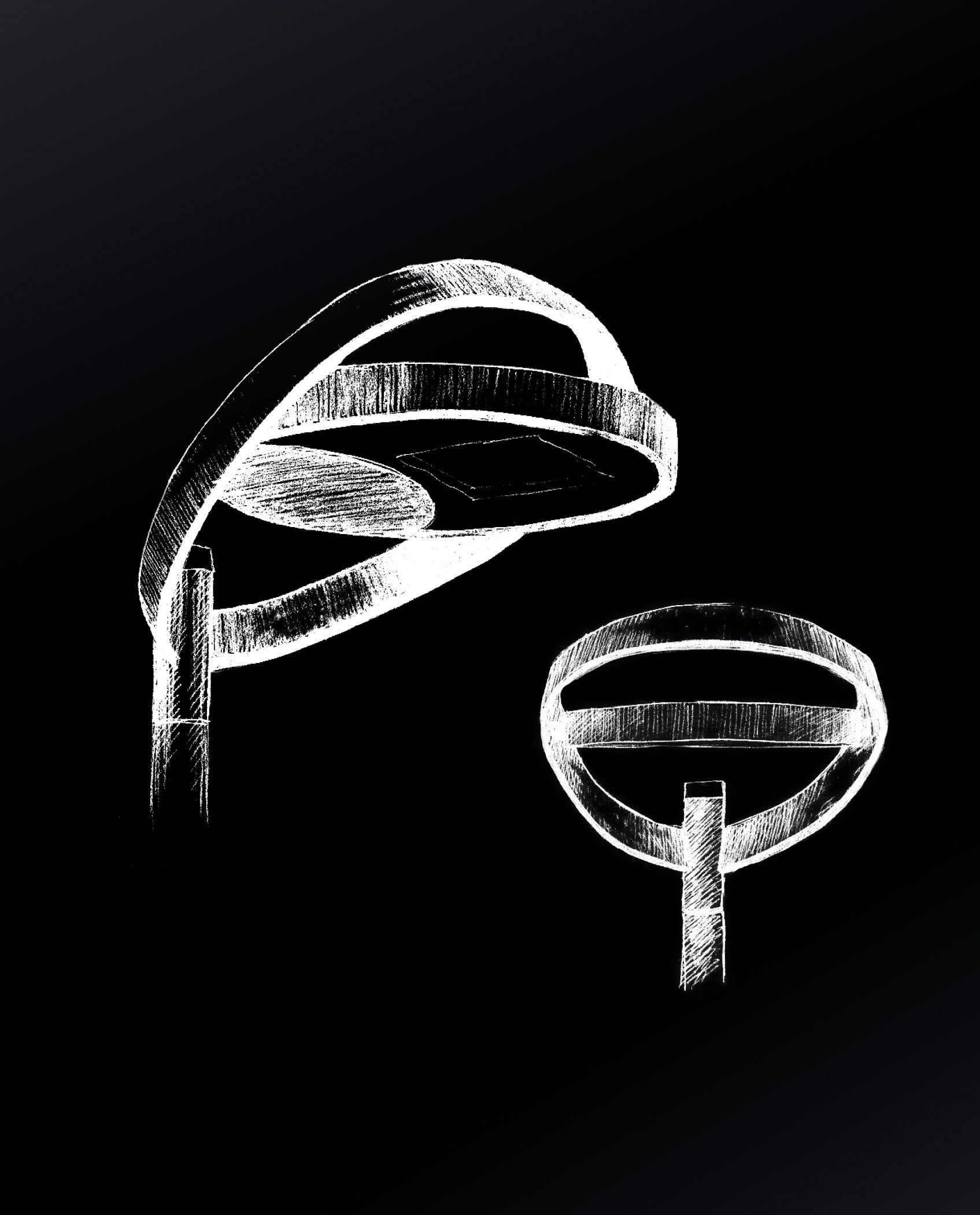 Two white, abstract circular structures on dark background. One is larger, angled; the other smaller, upright.