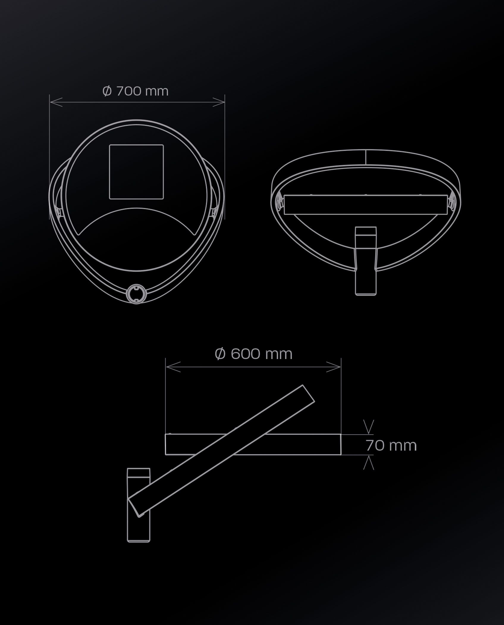 Technical drawing of a lamp, showing top, side, and front views with dimensions in millimeters.