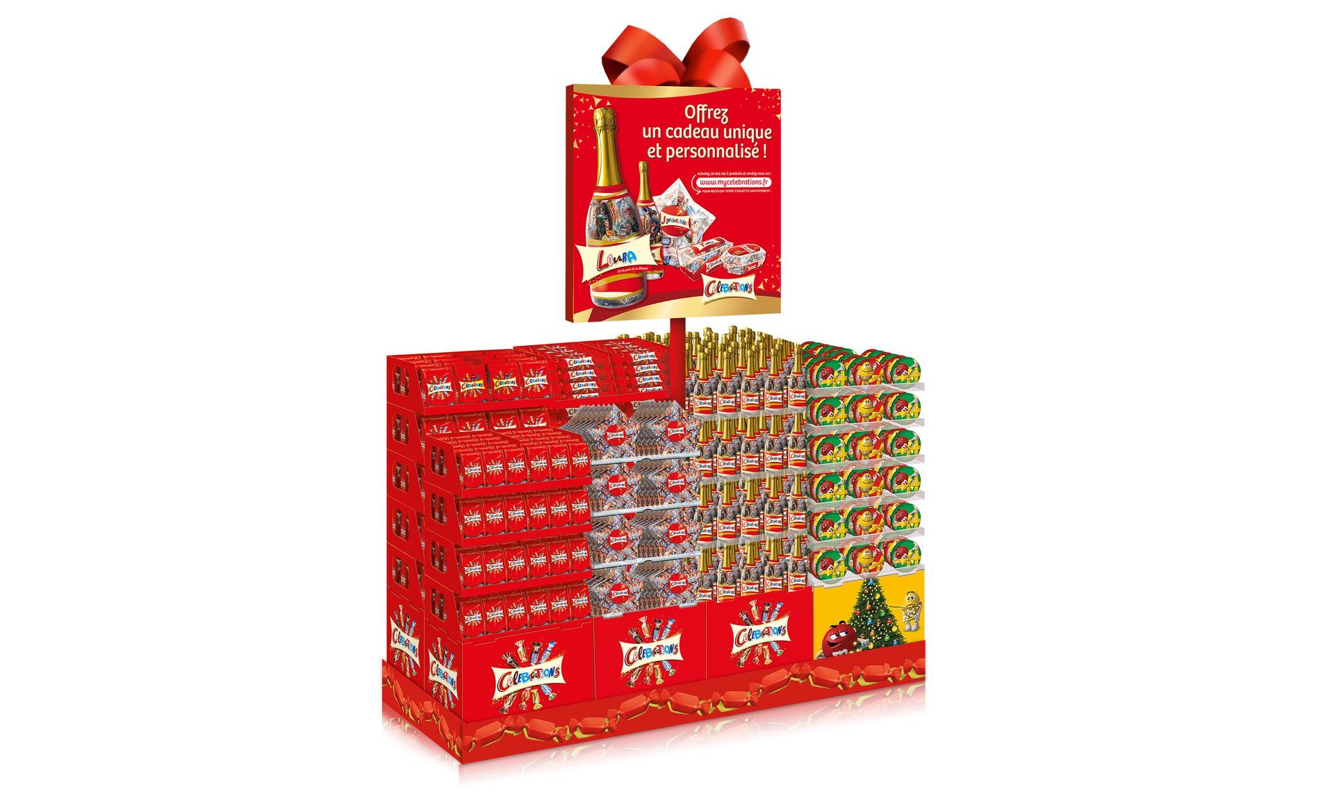 Red and gold display of chocolates with a gift bow topper.