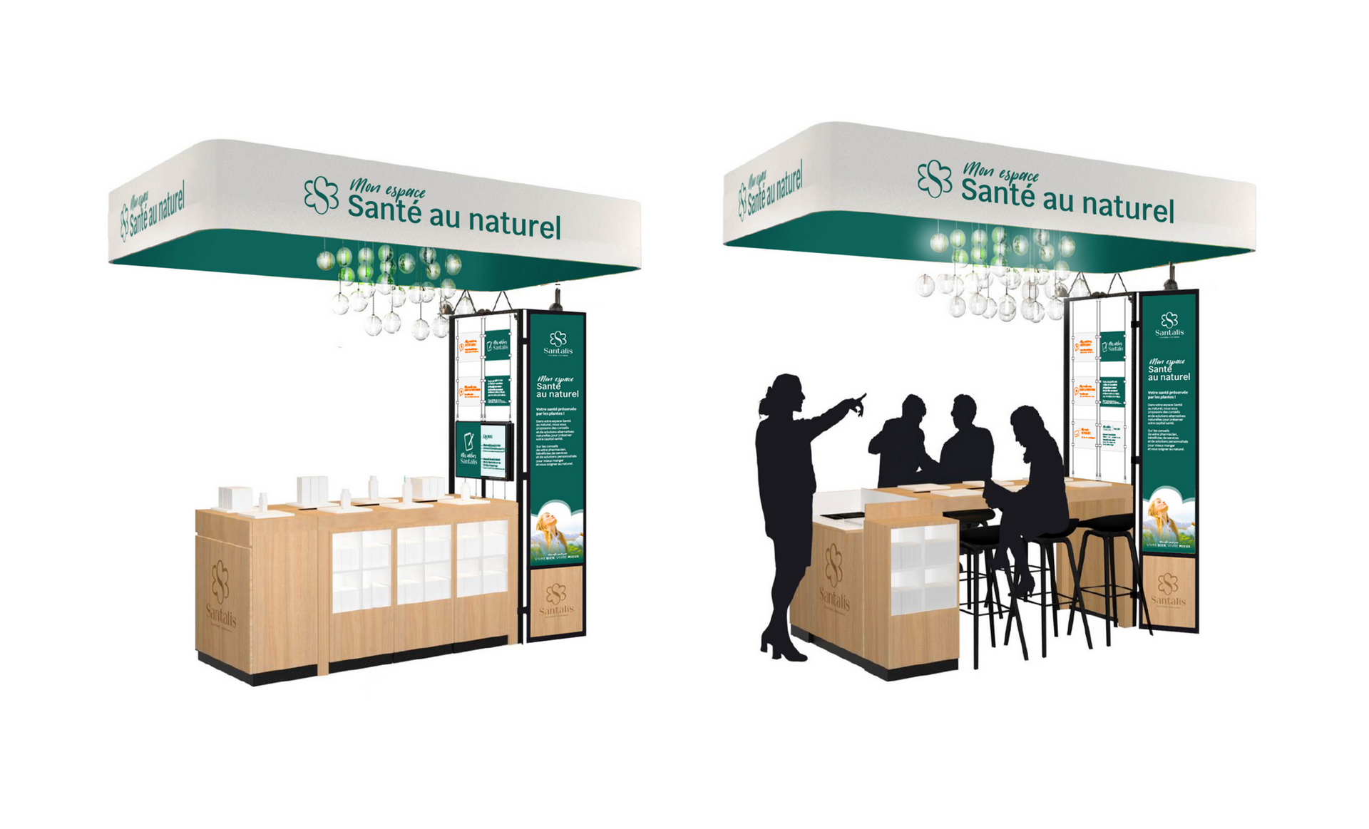 Two trade show booths with overhead signage.