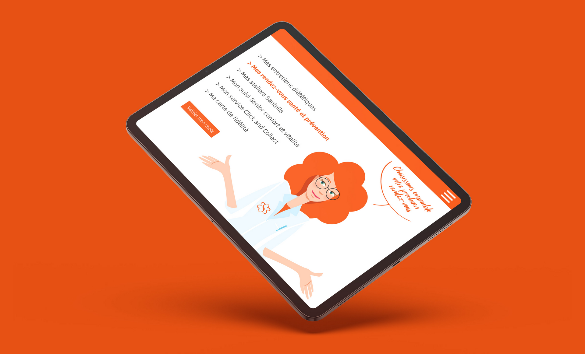 Tablet with a woman, orange background. The woman points to the content on the tablet screen.