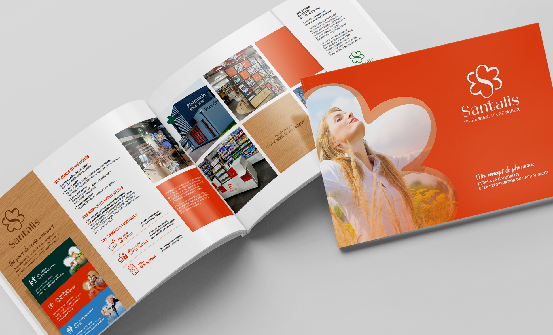 Brochure spread; orange cover with woman's face within heart-shaped cutout, open pages with product photos and text.