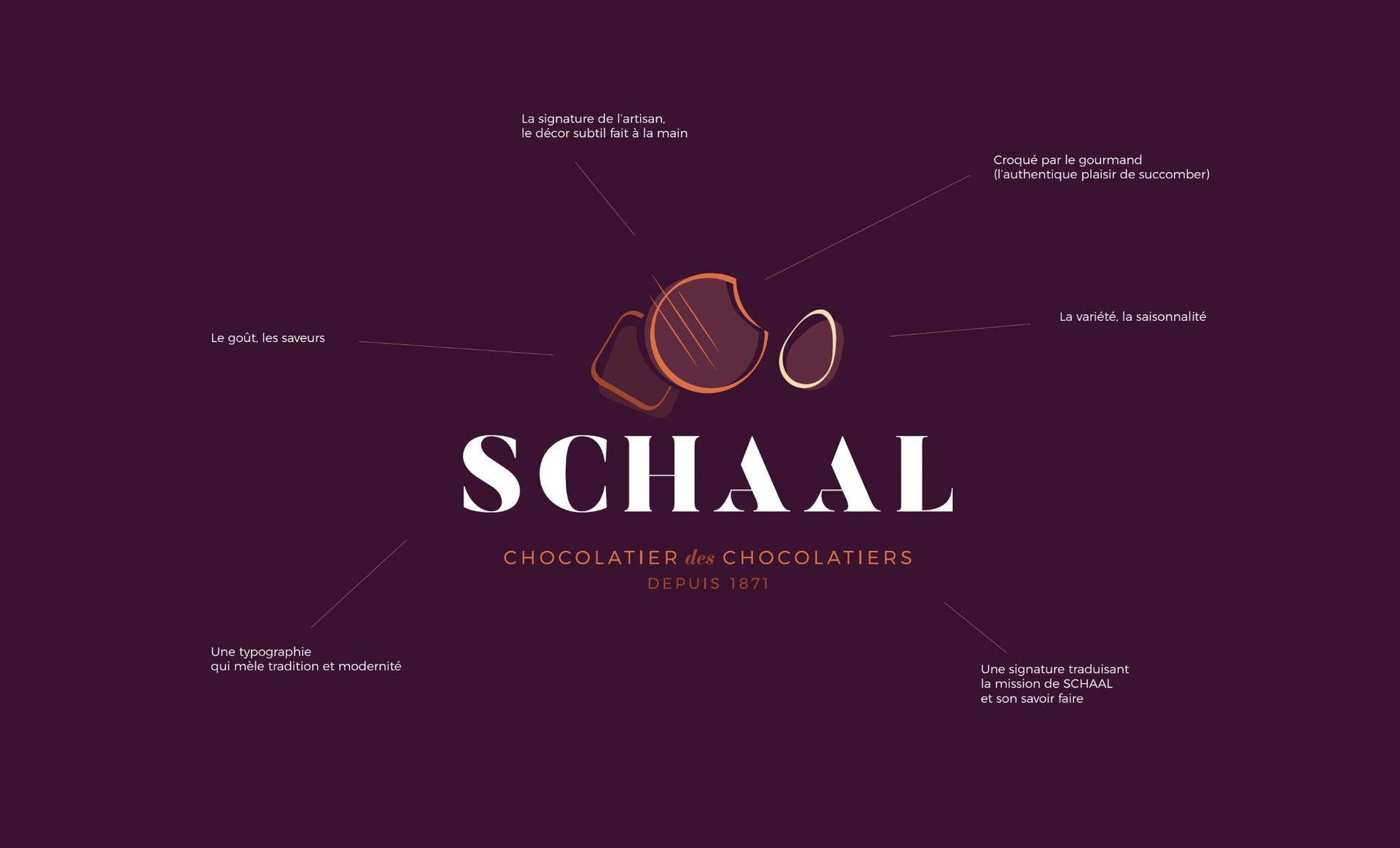 Logo for Schaal Chocolates in white text on a maroon background. Chocolate pieces and six related labels.