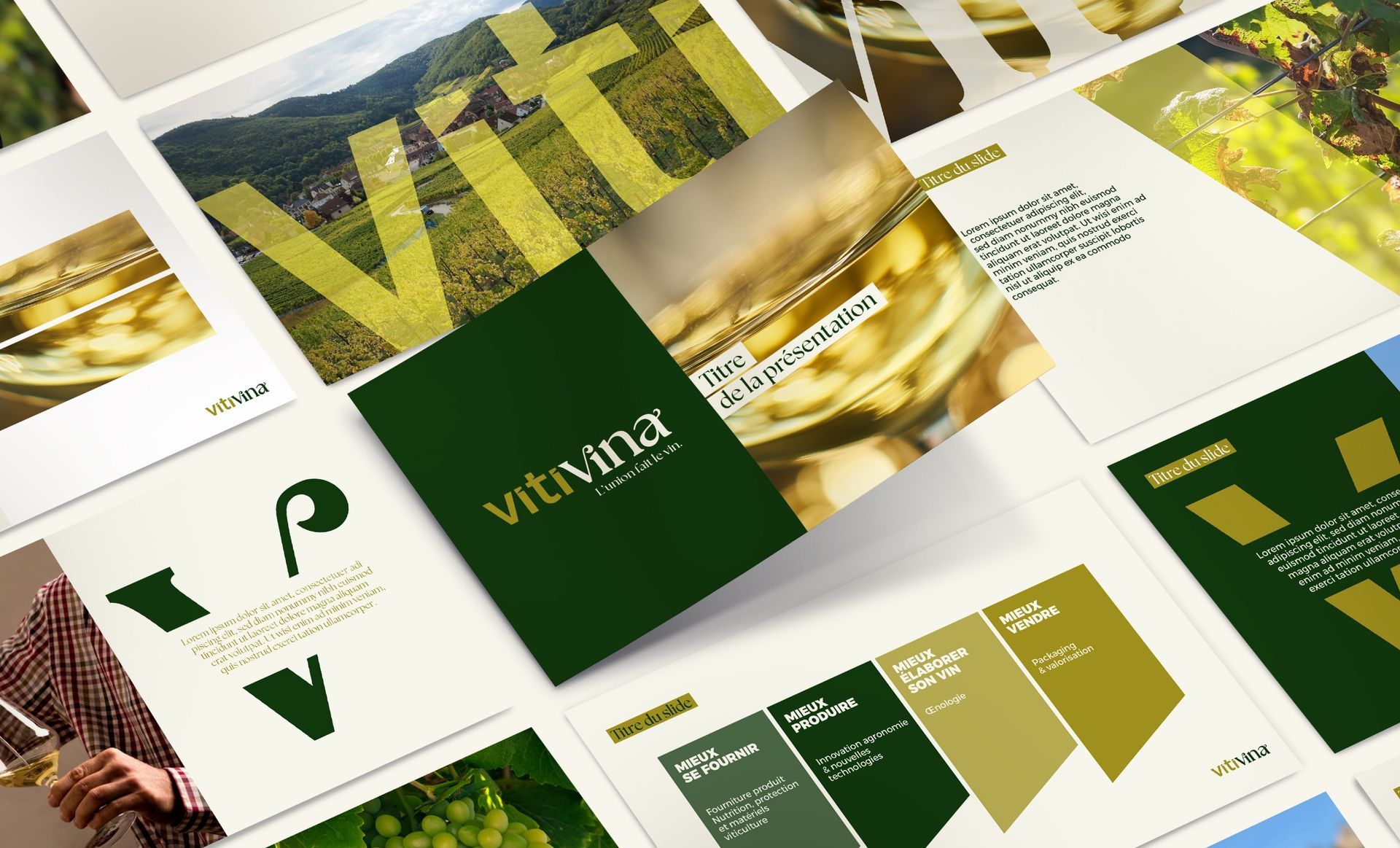 Arrangement of Vitivina brochure pages in shades of green and beige, showcasing wine and vineyards.