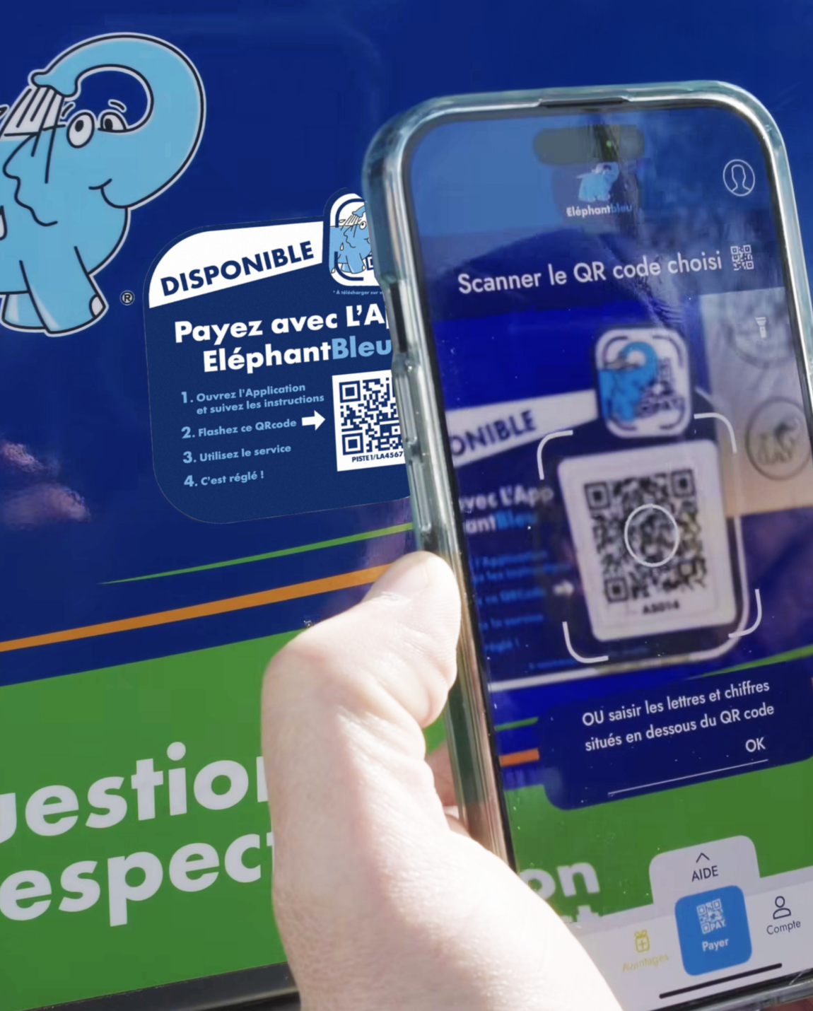 Hand holding a phone scanning a QR code on a blue and green Elephant Bleu service kiosk.