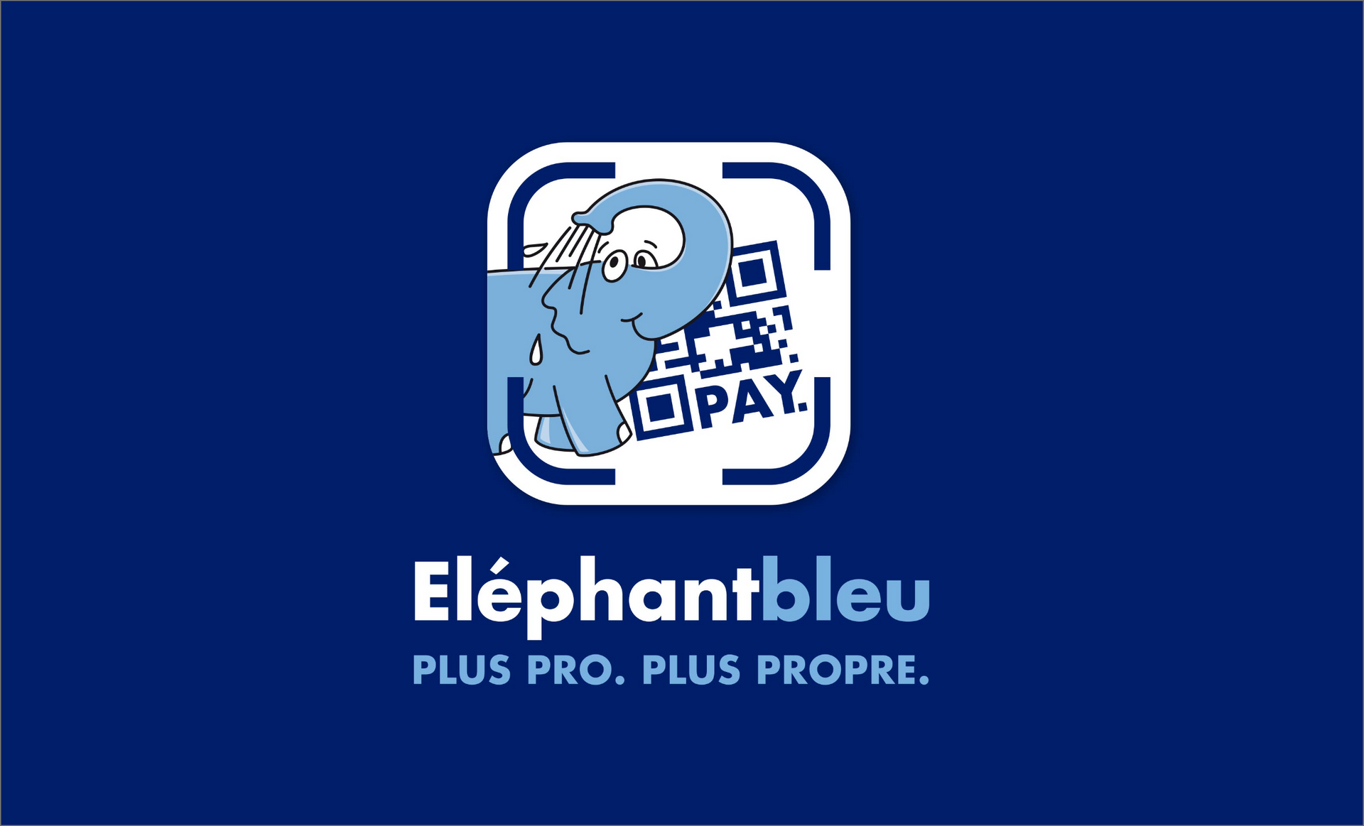 Logo for Eléphant Bleu car wash service. Blue elephant inside a QR code, with text below.