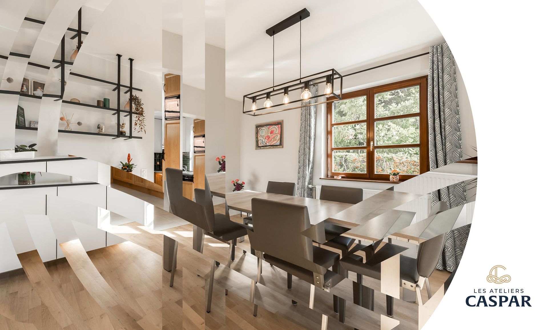 Modern dining room with table, chairs, shelving, and window; neutral colors with wood flooring.