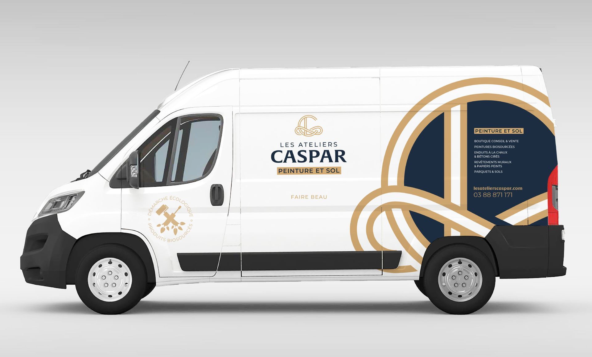 White delivery van with company branding, featuring navy and gold accents.