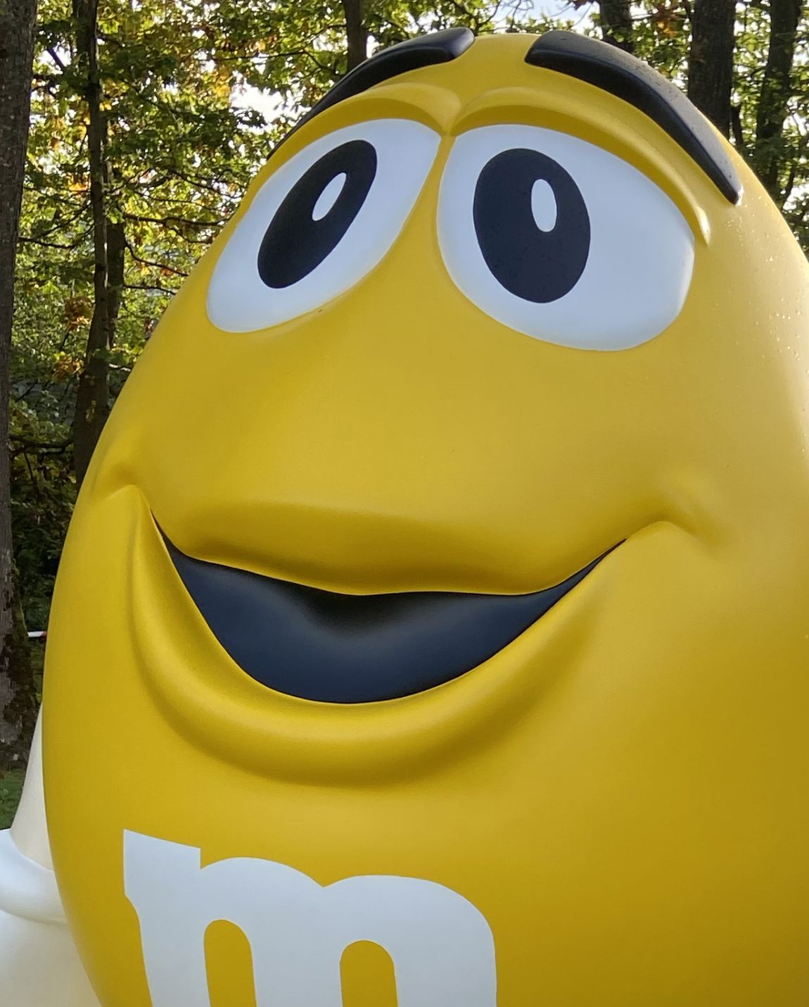 Yellow M&M character smiling outdoors.