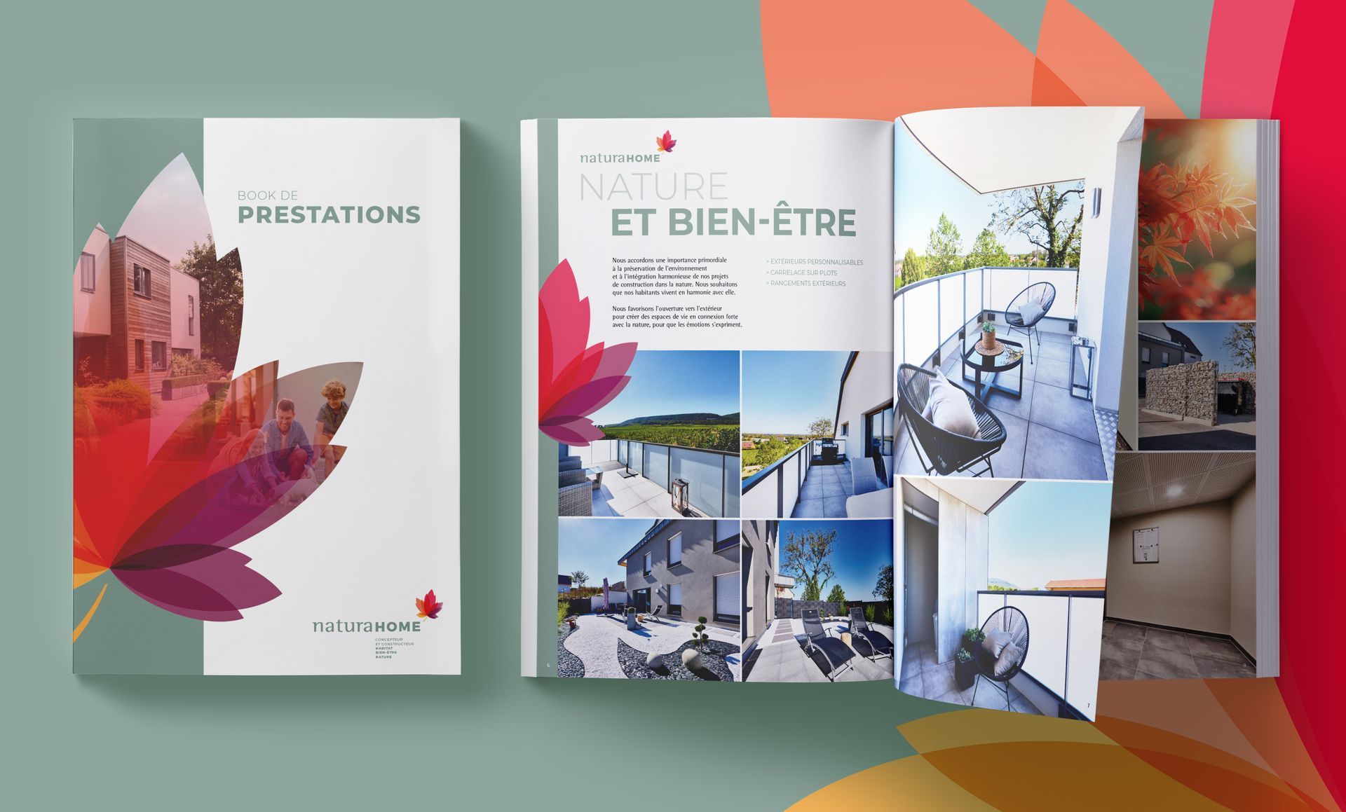 Book cover and open pages displaying real estate images and text, with a fall leaf graphic.