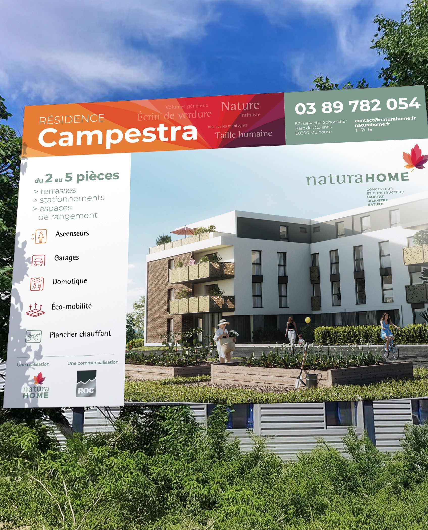 Billboard for Campestra apartments, featuring building rendering and contact info: 03 89 782 054.