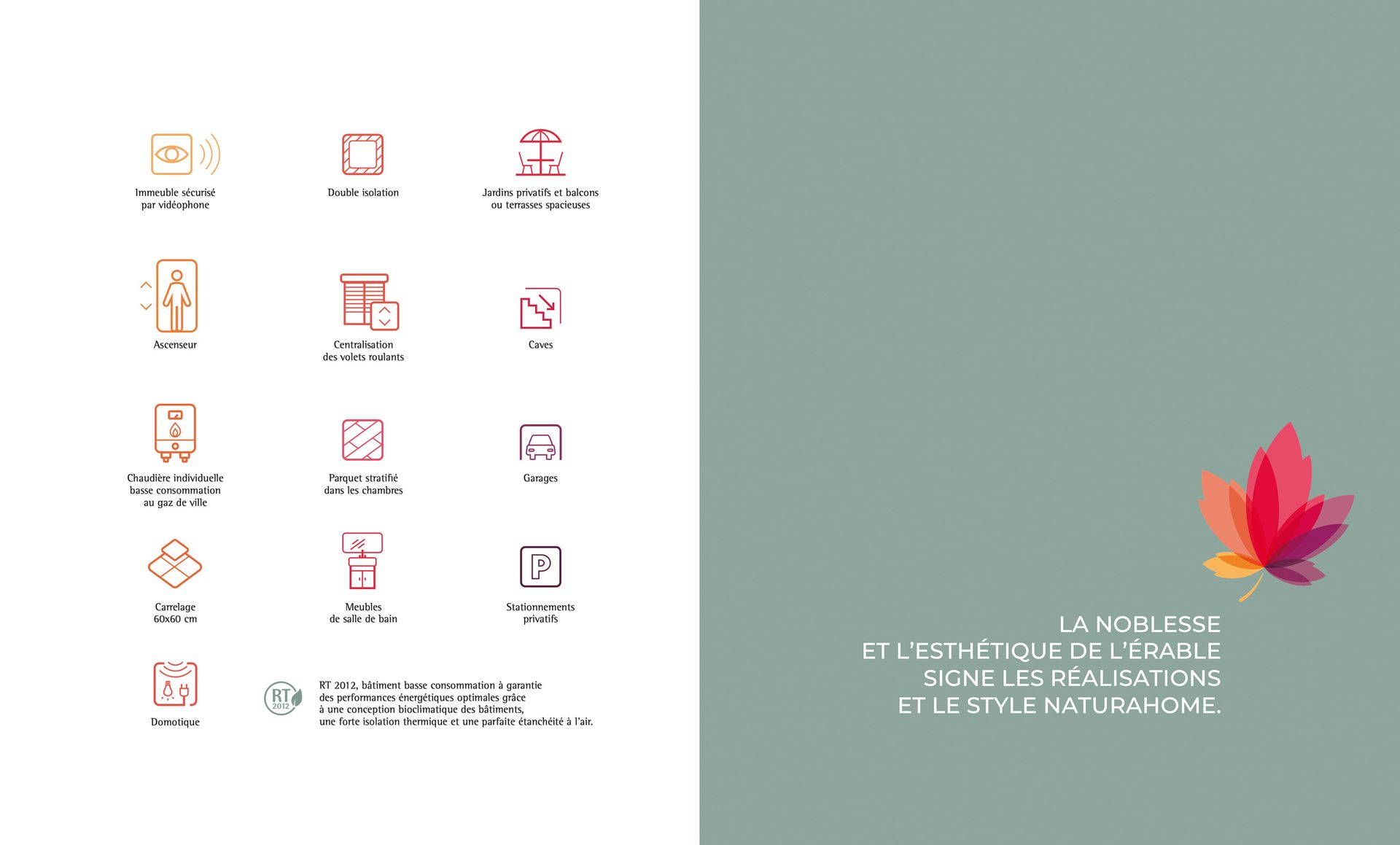 Icons in orange/red on white, leaf design on green, with text.
