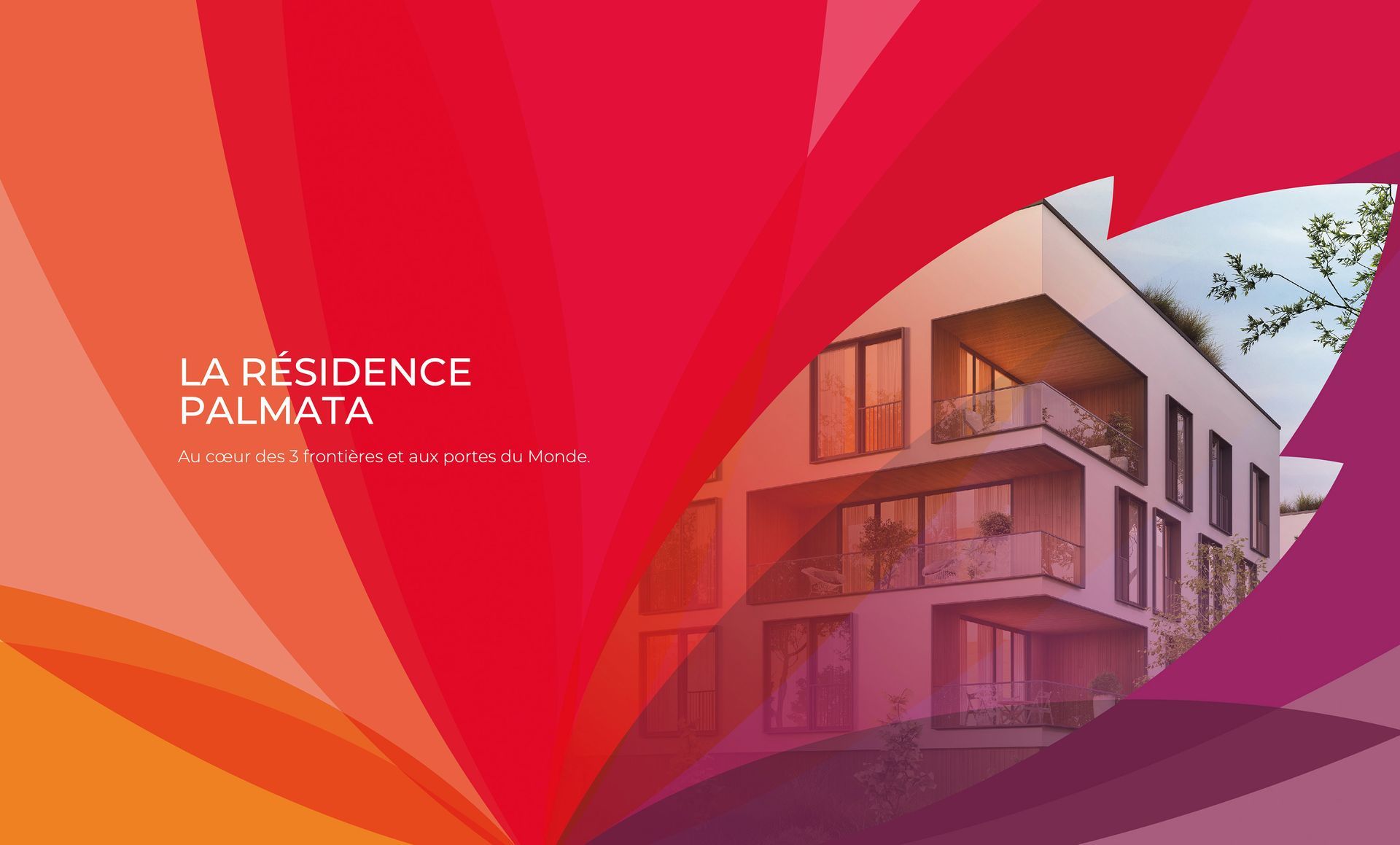 La Résidence Pal Mata brochure. Modern building with balconies, orange and purple abstract background.