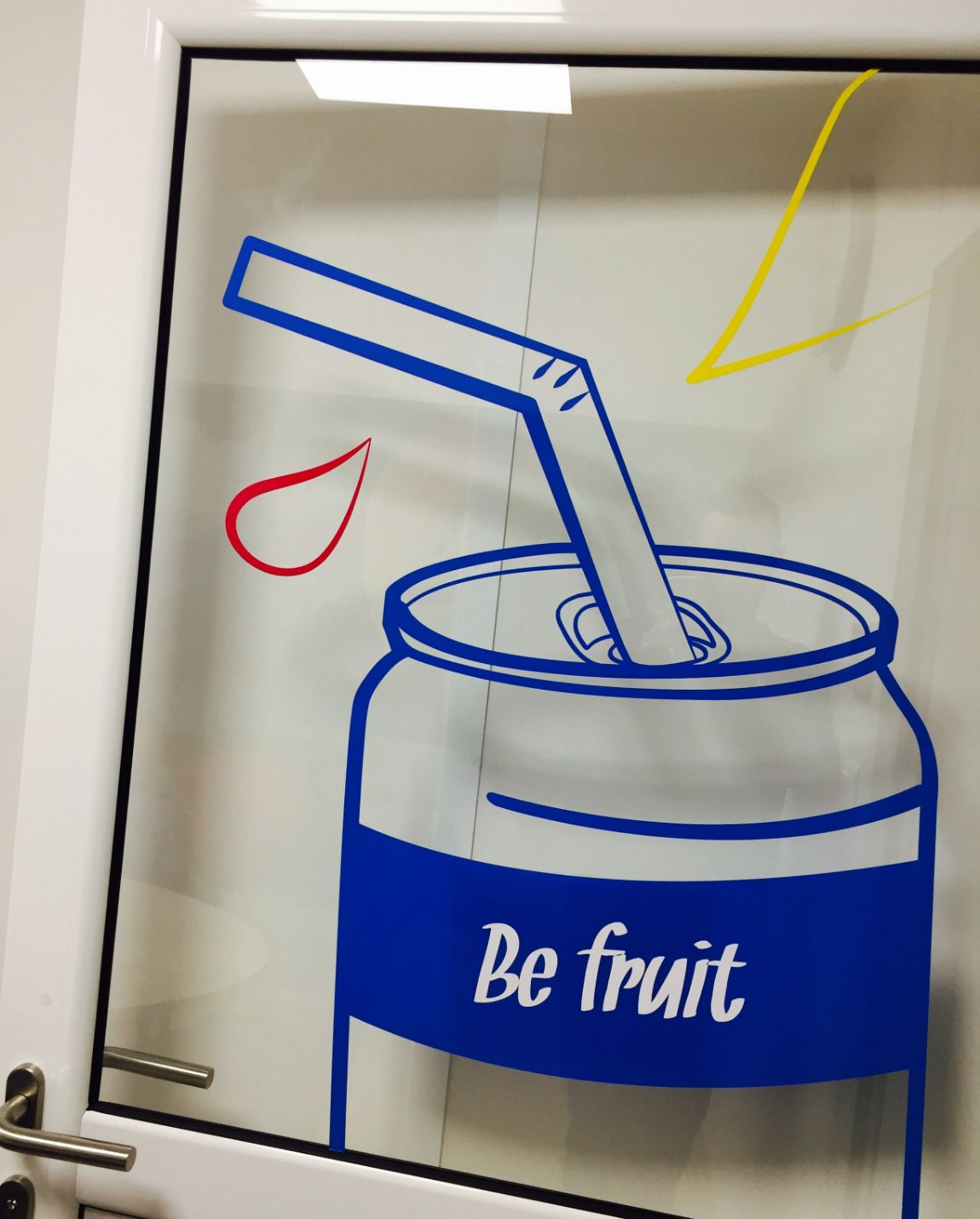 A blue and white soda can illustration with a straw and the words 