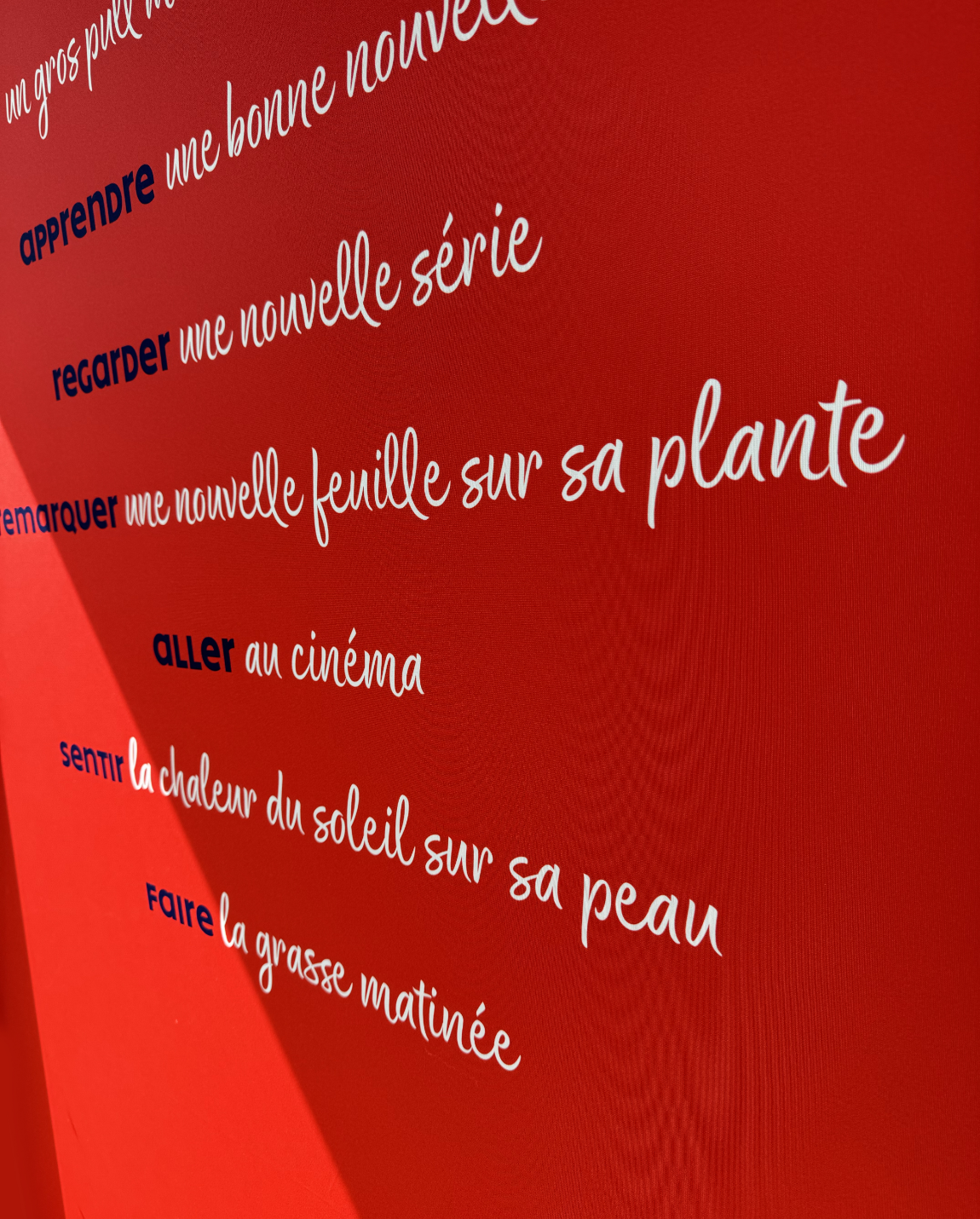 Red background with white text listing activities like 