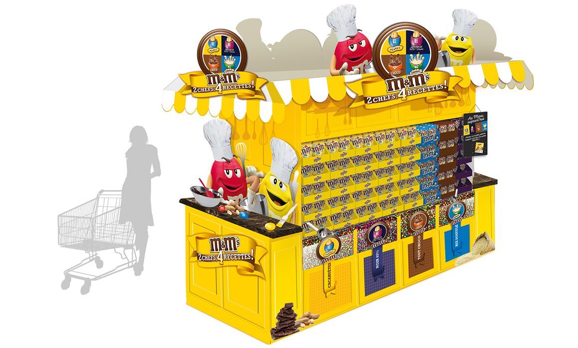 Yellow M&M's store with candy and merchandise. M&M characters in chef hats. Woman and shopping cart silhouette.