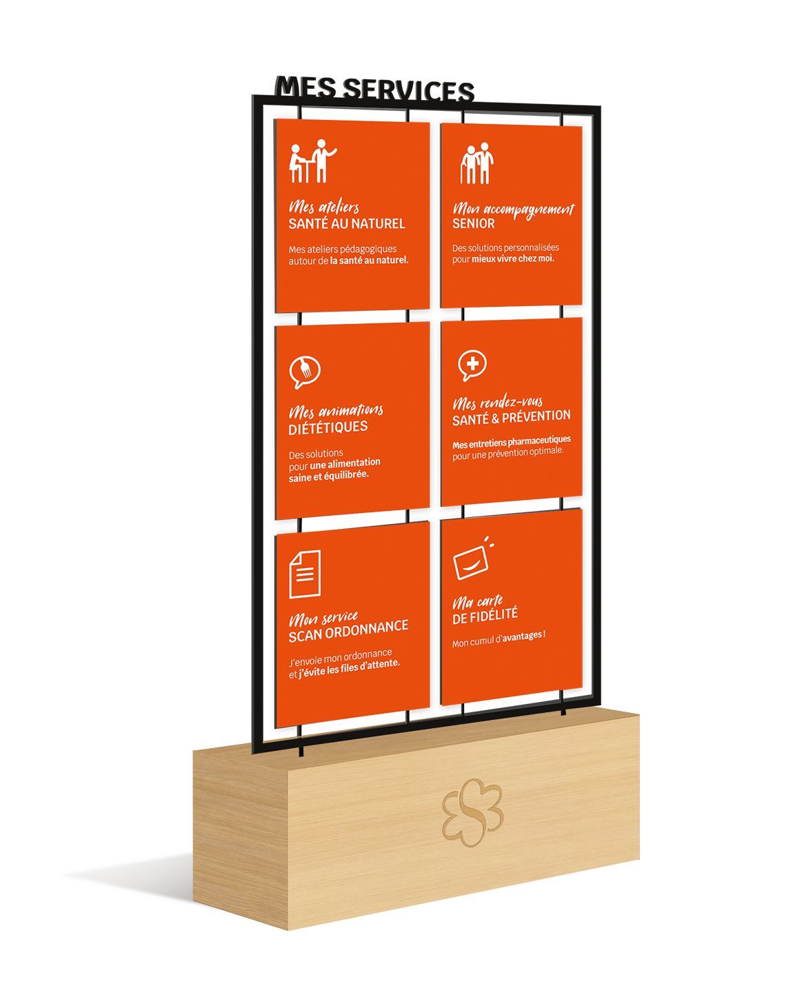 Sign for MES services with orange tiles, black frame, and wooden base.