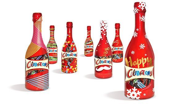 Celebrations chocolates in red holiday-themed bottles.