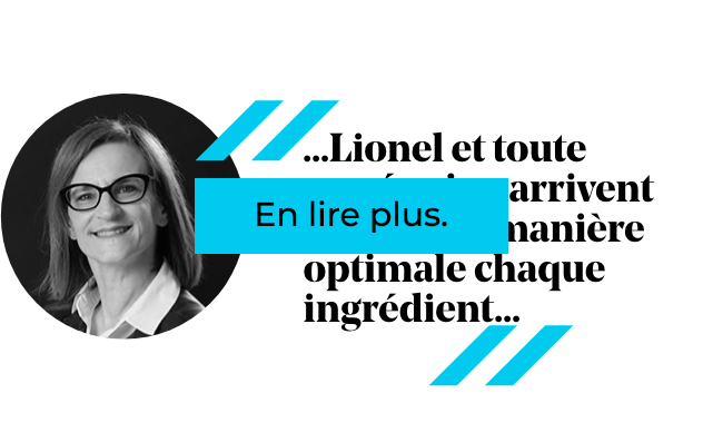 Citation d'une femme portant des lunettes sur les ingrédients. Bouton « Lire la suite ».