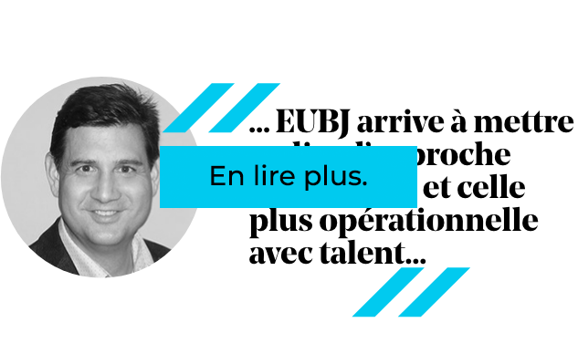 Homme en costume avec une citation sur EUBJ et un bouton « Lire la suite ».