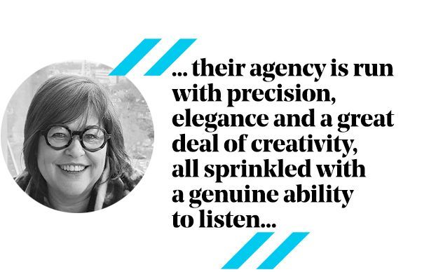 Quote about agency, featuring a smiling woman with glasses, on a white background with blue accents.