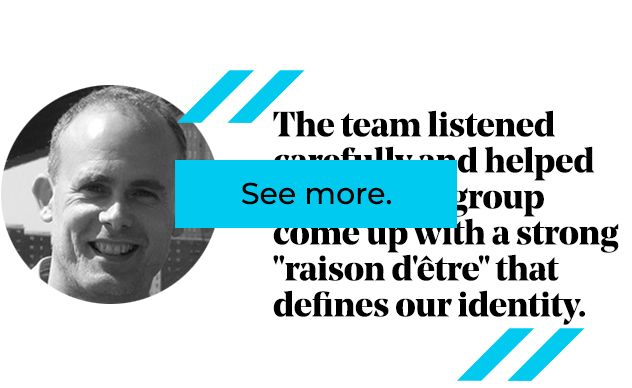 Man in grayscale smiling, quote about team identity and 