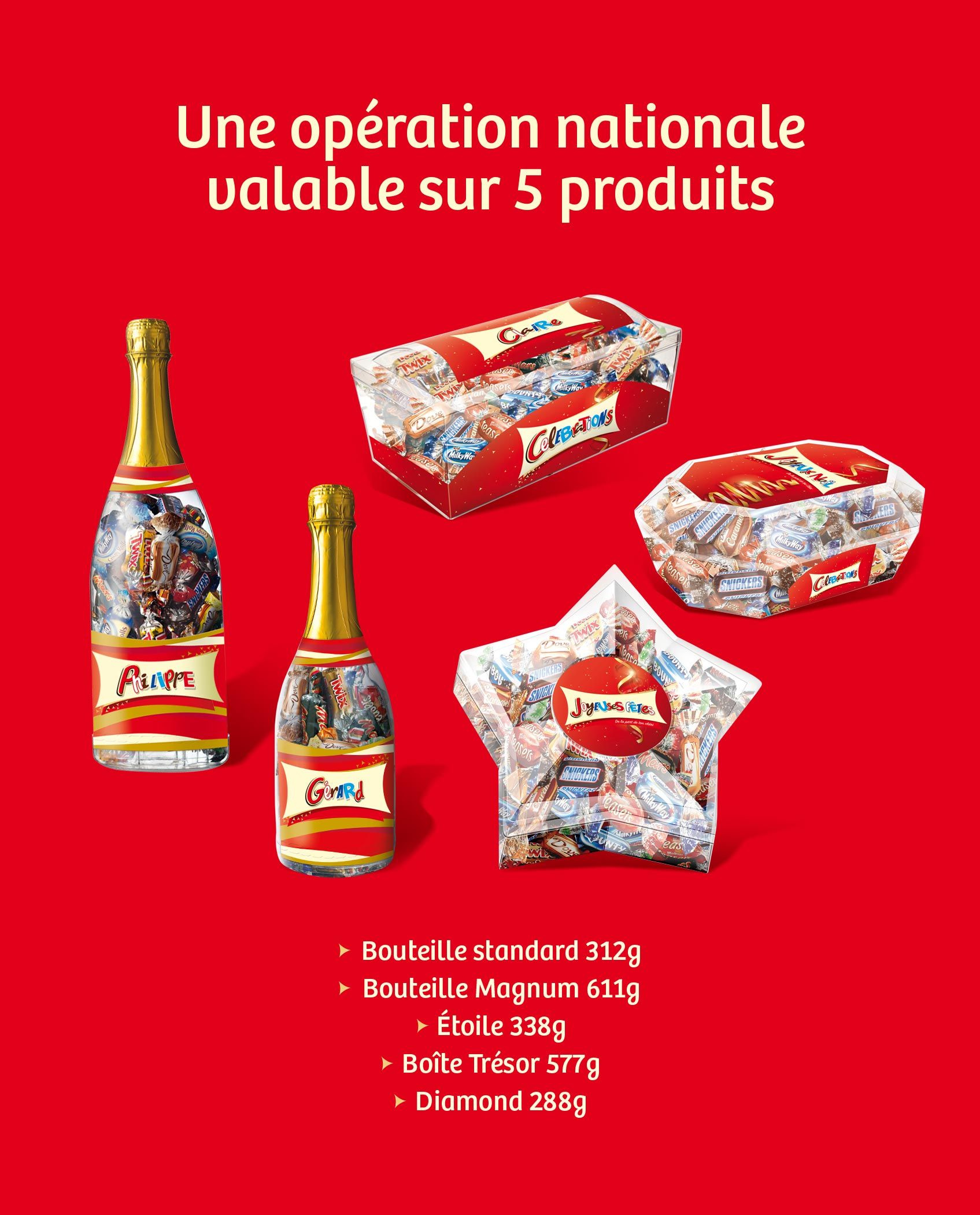 Red ad showing five packaged chocolates. Text reads: 