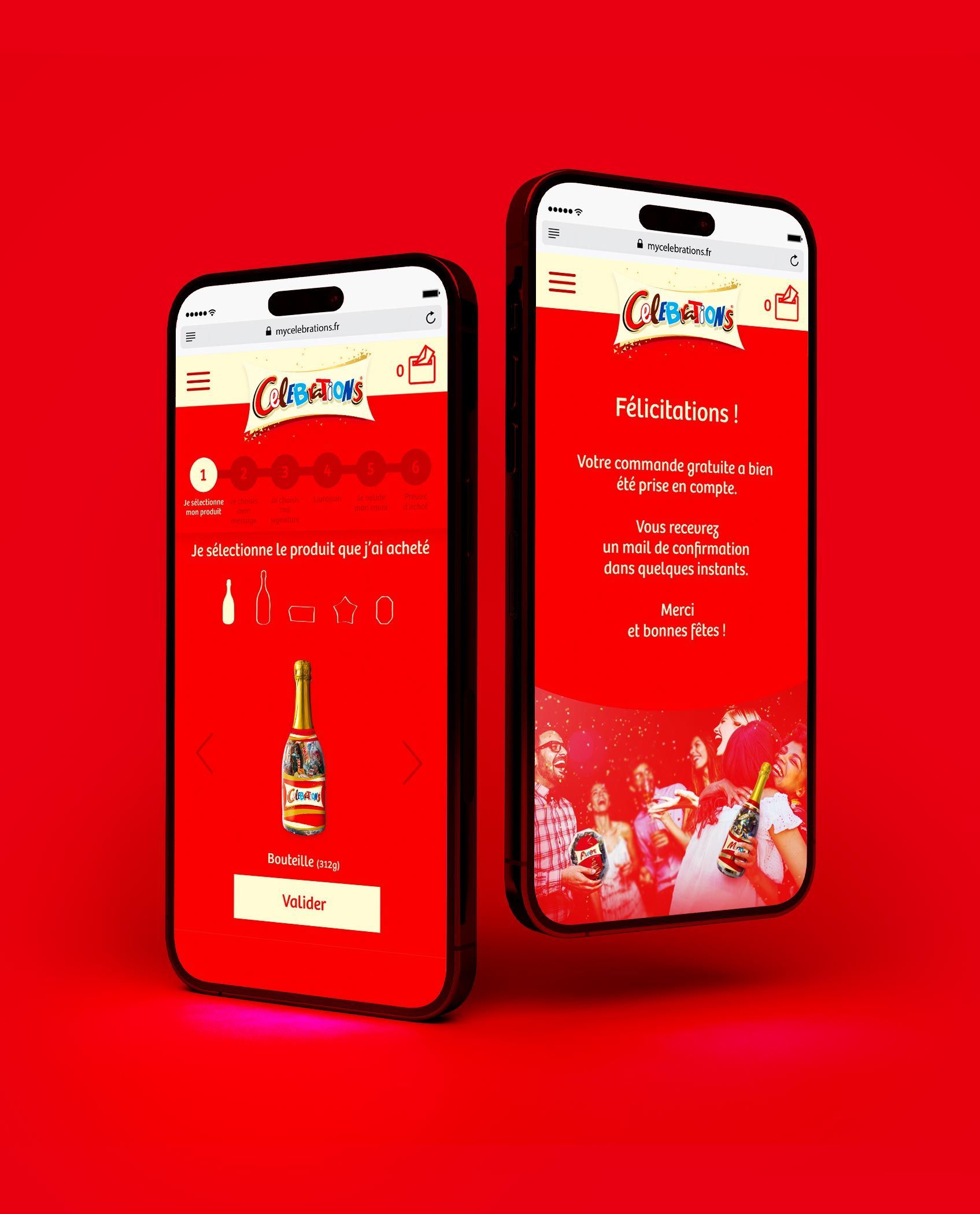 Two smartphones on a red background. One displays a bottle illustration, the other a celebration scene.